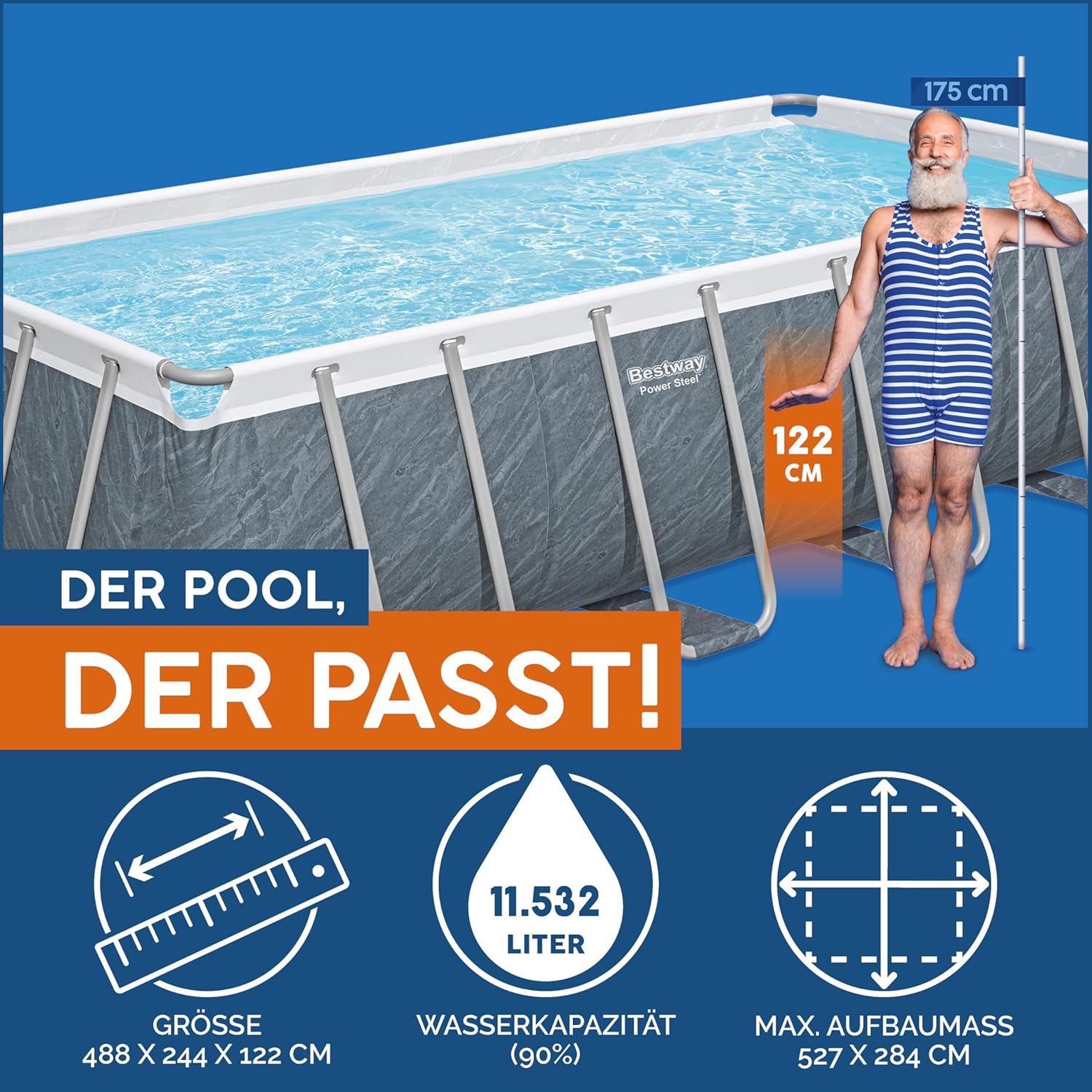 Bestway® Power Steel Ersatz Frame Pool ohne Zubehör 488 x 244 x 122 cm, Marmor-Optik (Schiefergrau), eckig