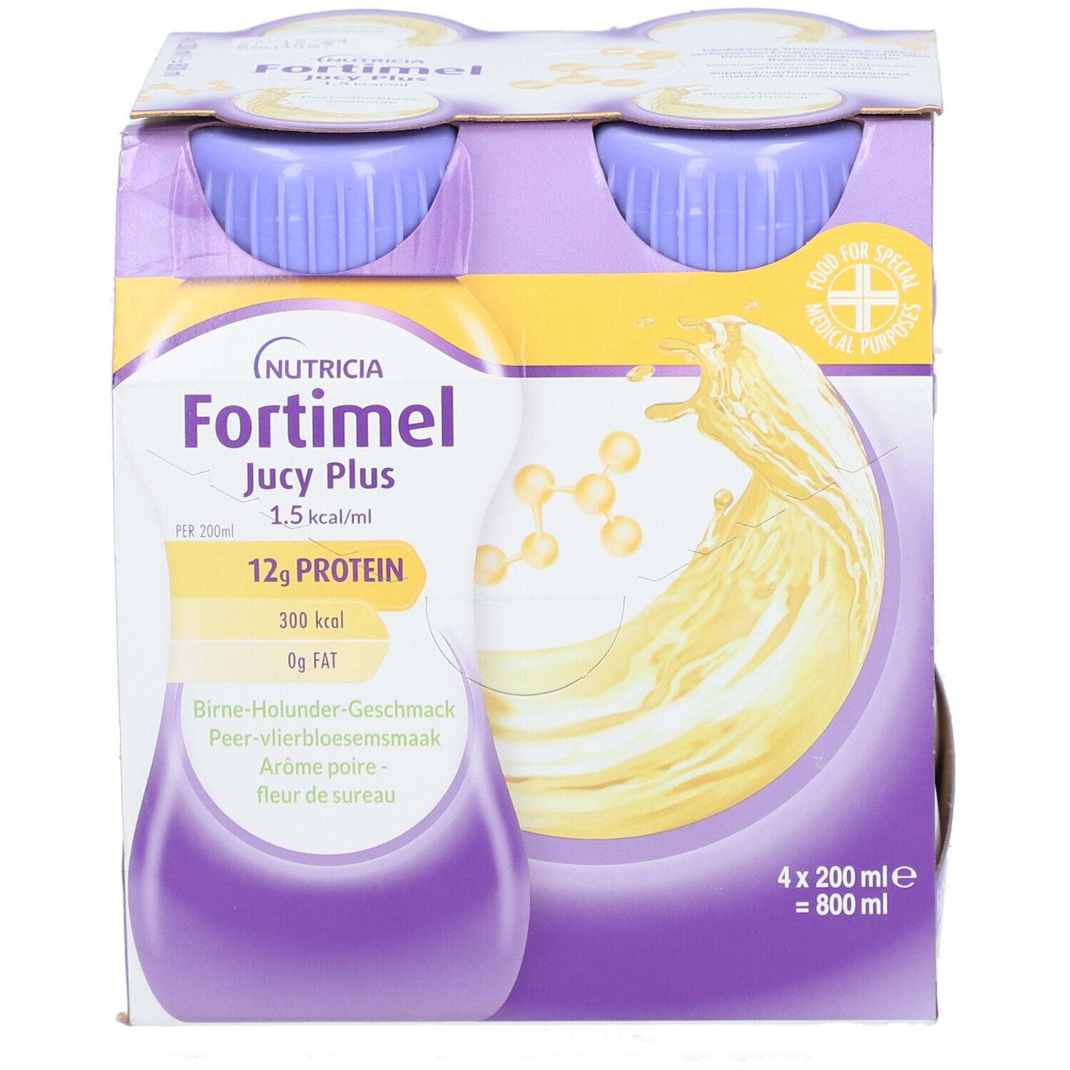Fortimel® Jucy Plus Birne-Holunder – Hochkalorische Trinknahrung mit vielen wichtigen Nährstoffen – 300 kcal und 12 g Eiweiß pro Flasche
