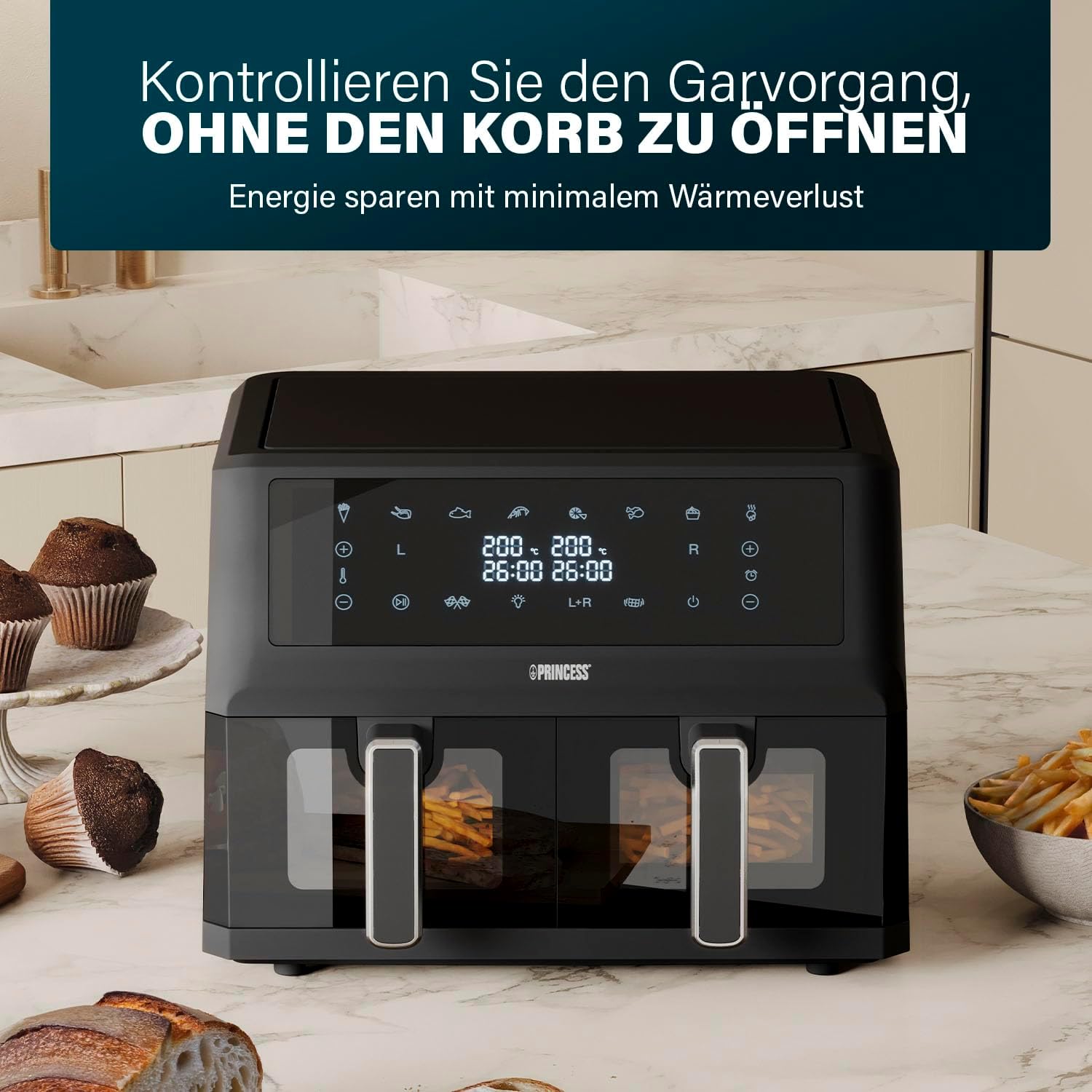 Princess XXL Heißluftfritteuse mit Doppelkorb - 2 Fächer - 11 L - BPA- und PFAS-frei - Sync-Funktion - 8 Programme - Sichtfenster - 2400 W - 182276