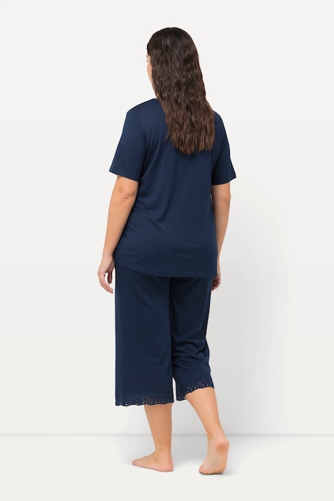 Pyjama, Lochstickerei, V-Ausschnitt, Halbarm, Modalmix