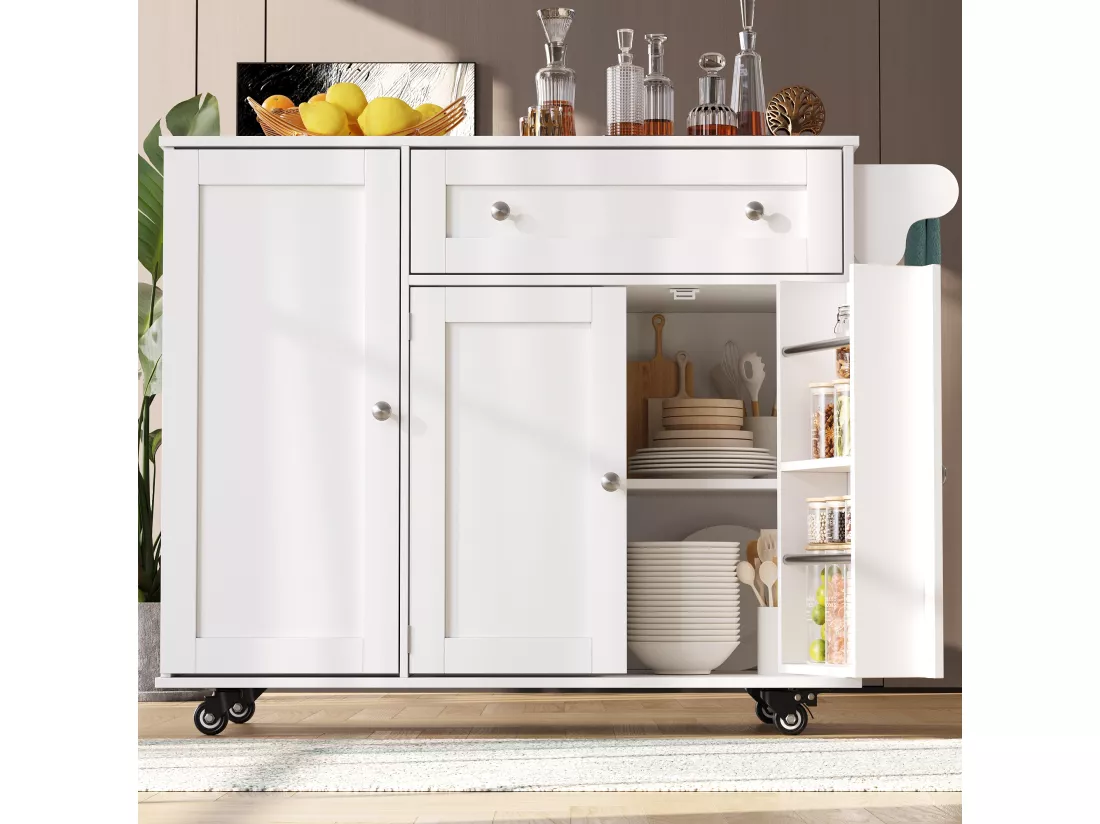 Ilot central de cuisine mobile avec 3 portes et 1 tiroir - 105.5 x 40/60 x 83 cm - MDF et métal - Blanc