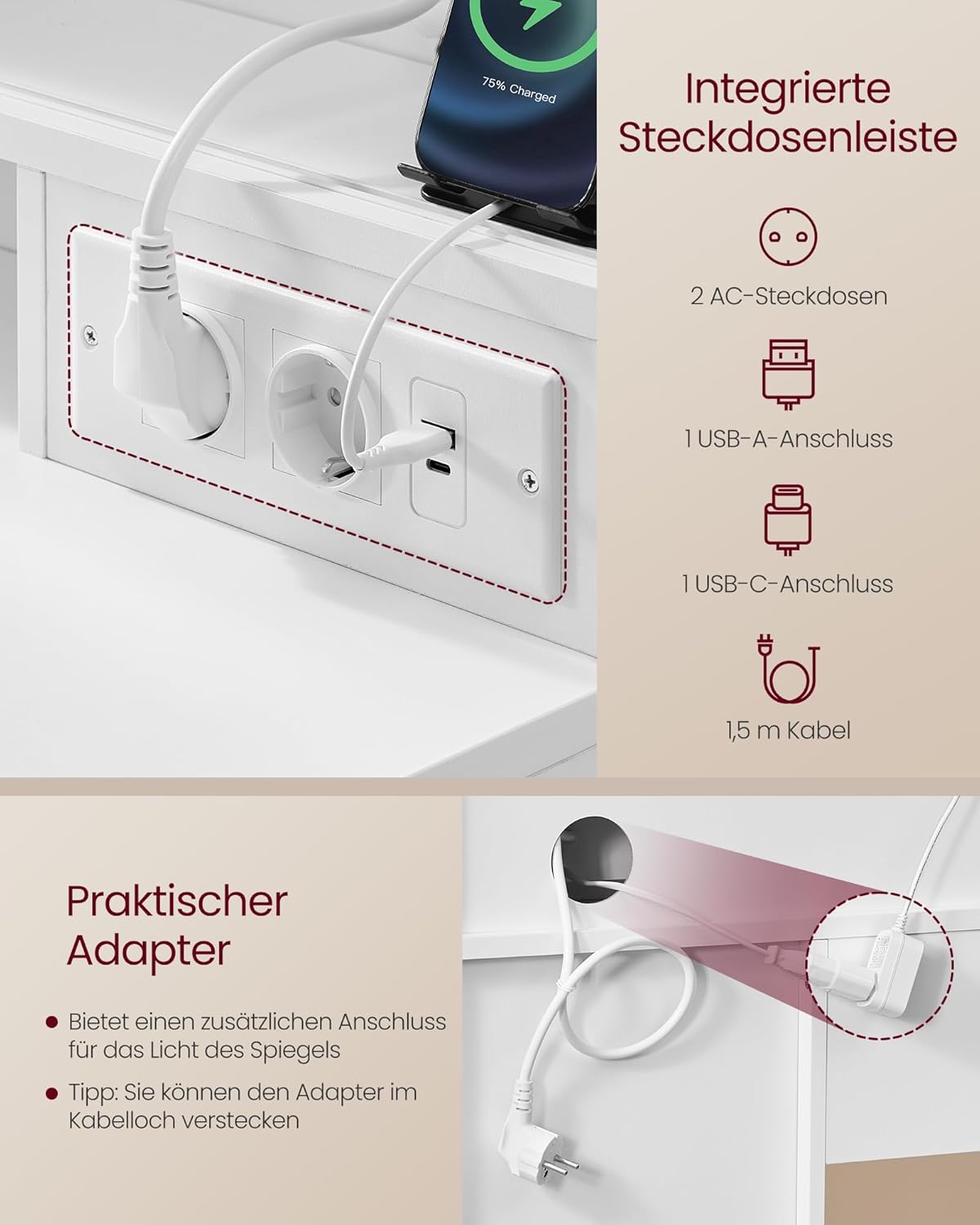 VASAGLE Kailyn Kollektion - Schminktisch mit Spiegel und LED-Leuchten, Hocker, Steckdosenleiste, 9 Schubladen, 10x Vergrößerungsspiegel, 3 Lichtfarben, werkzeuglose Gleitschienen, wolkenweiß