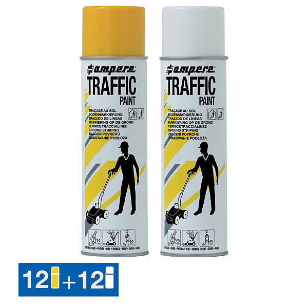Peinture aérosol Traffic Ampere 500 ml pour traçage , lot de 12 jaunes + 12 blancs