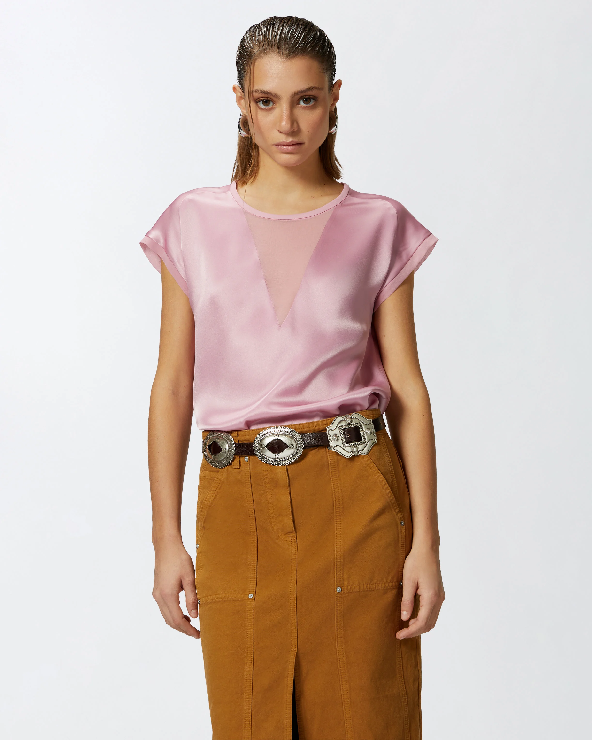 Blouse façon t-shirt et crêpe georgette | Rose