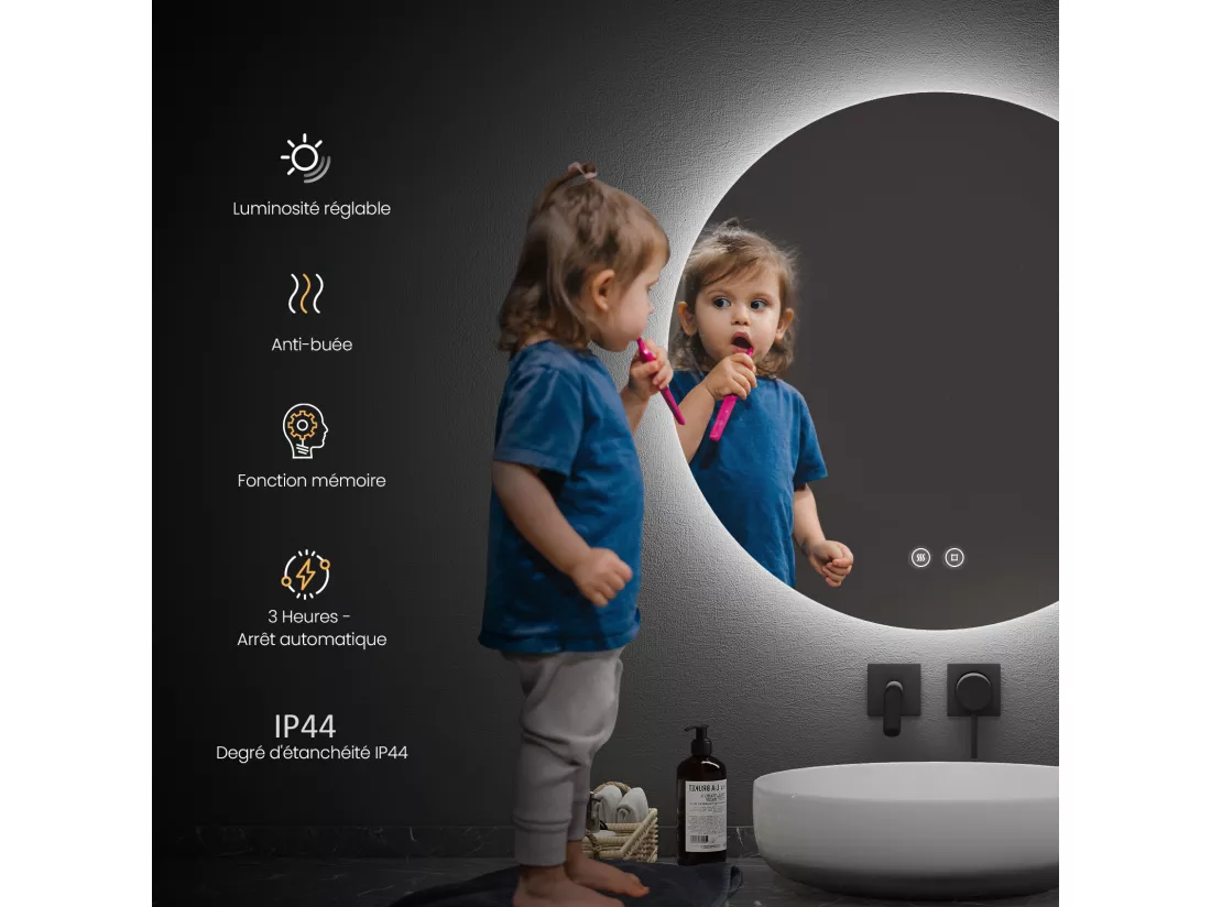 EMKE Miroir lumineux salle de bain rond diamètre 70cm, Miroir LED rétro-éclairage, Interrupteur Tactile, Anti-buée, Lumière Blanche Froide (Réglable)