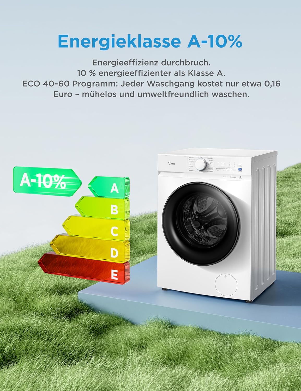 Midea Waschmaschine V3 series, 8 kg | Energieeffizienzklasse A-10% | 1400 U/min | Dampffunktion | Tierhaare| 15-Min Schnellwäsche | Woolmark-Zertifiziert | MFV3EW80BA10 | Weiß