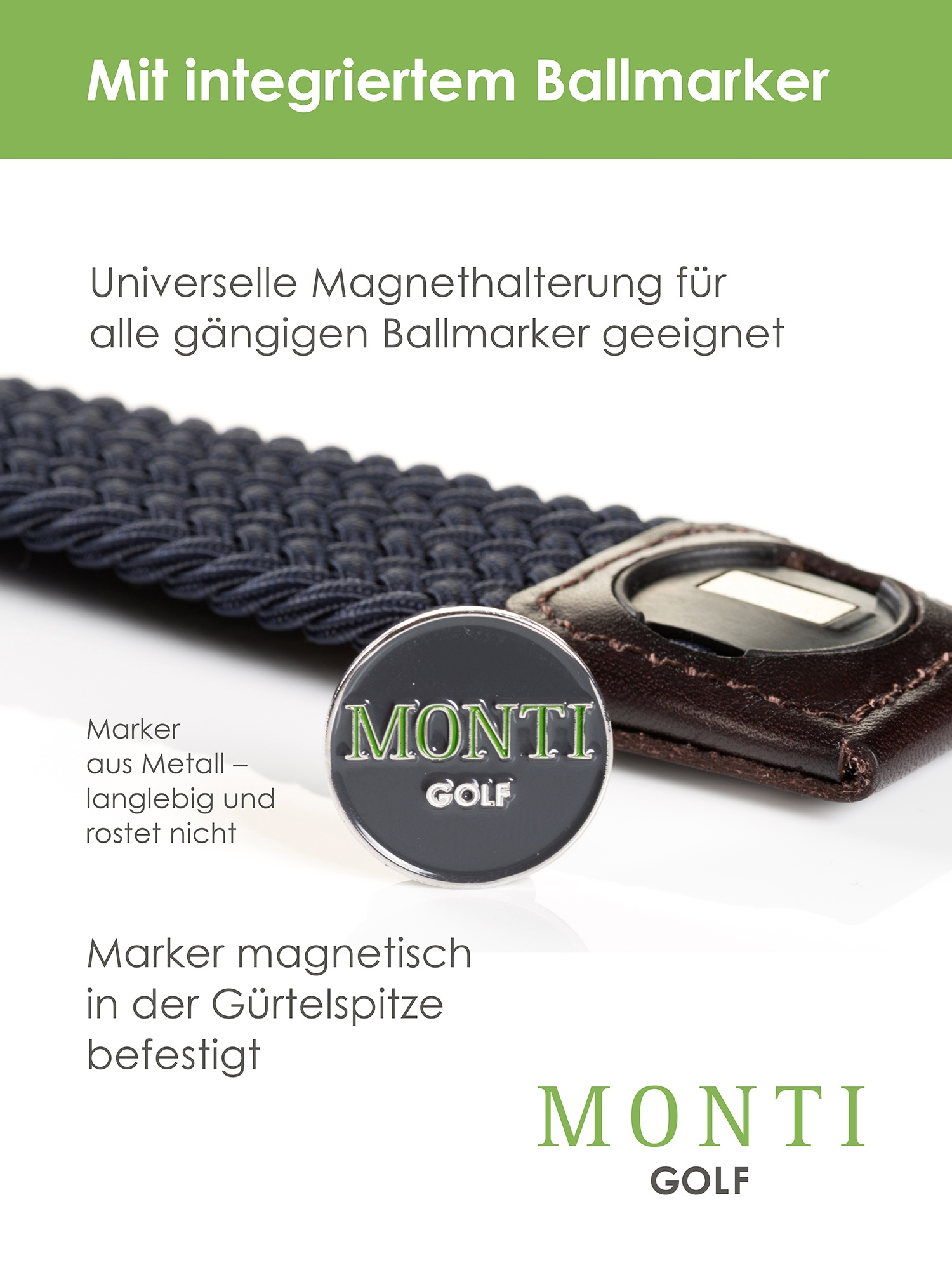MONTI Flechtgürtel »BIRDIE« elastisch, integrierter Ballmarker magnetisch, 3,5 cm breit