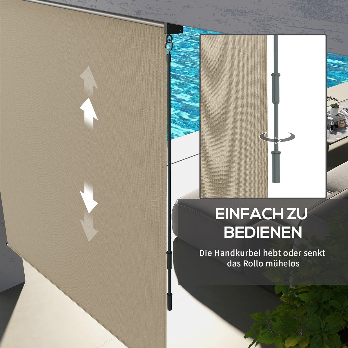 Outsunny verticale zonwering, balkonrolgordijn met handzwengel voor paviljoen, tuin, 183 x 185 cm, HDPE, aluminium, beige