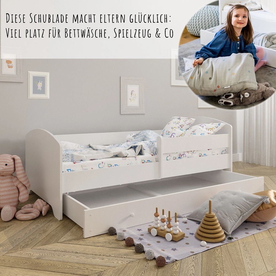Kids Collective Kinderbett 70x140 | 80x160 cm mit Matratze und Schublade, Rausfallschutz weiß