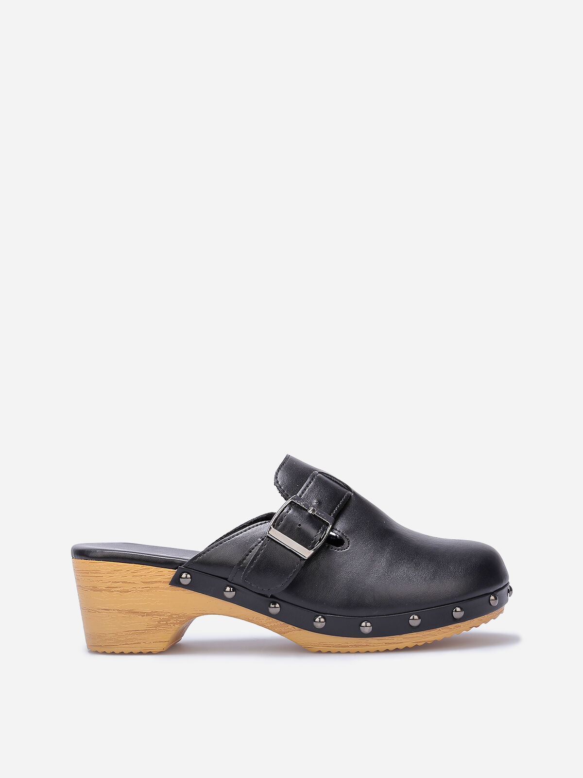Sabots cloutés à talon effet bois- Noir