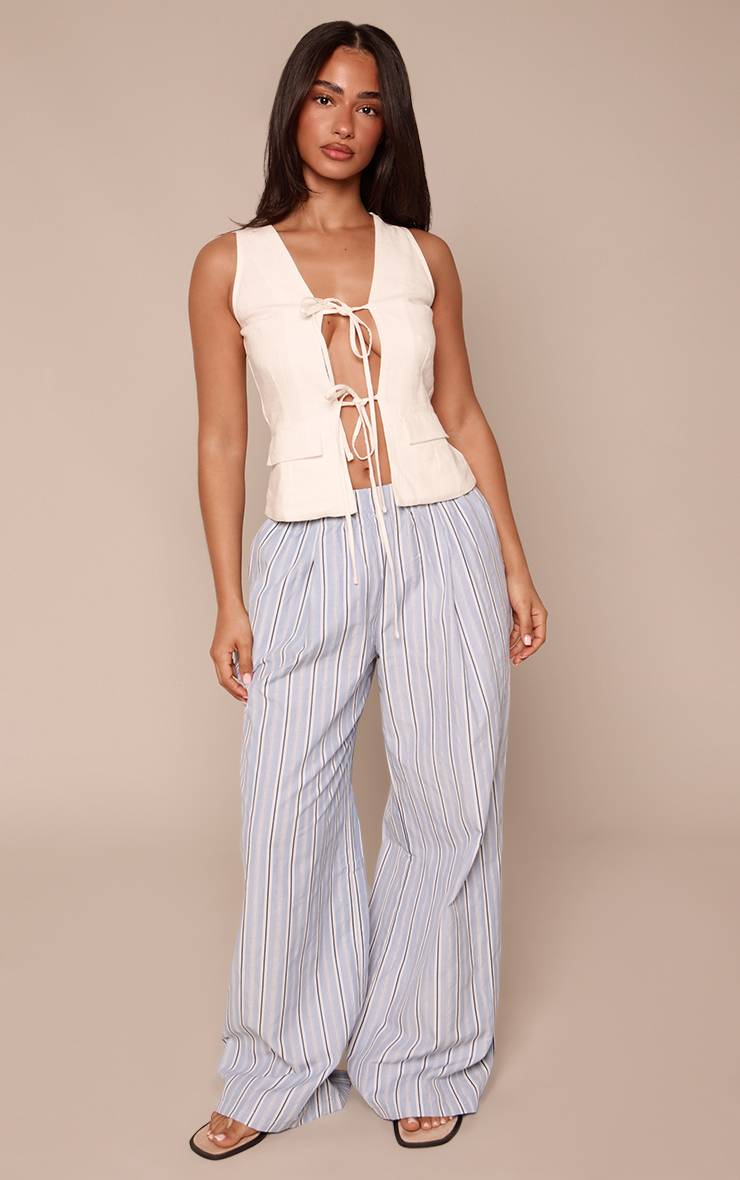 Bleu Pantalon Large À Rayures Fines Taille Élastiquée Petite