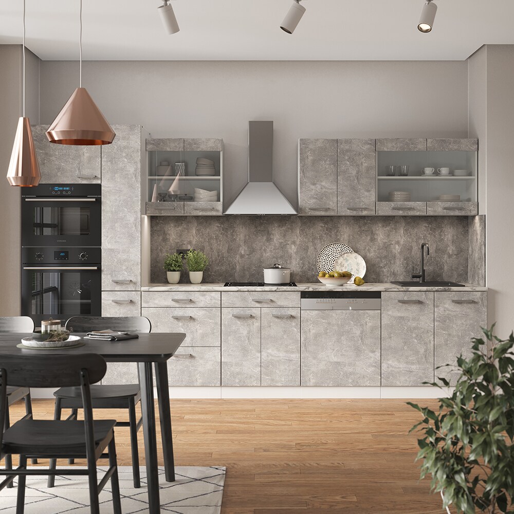 Vicco Küchenzeile Küchenblock Einbauküche R-Line 350 cm Weiß Beton Küche