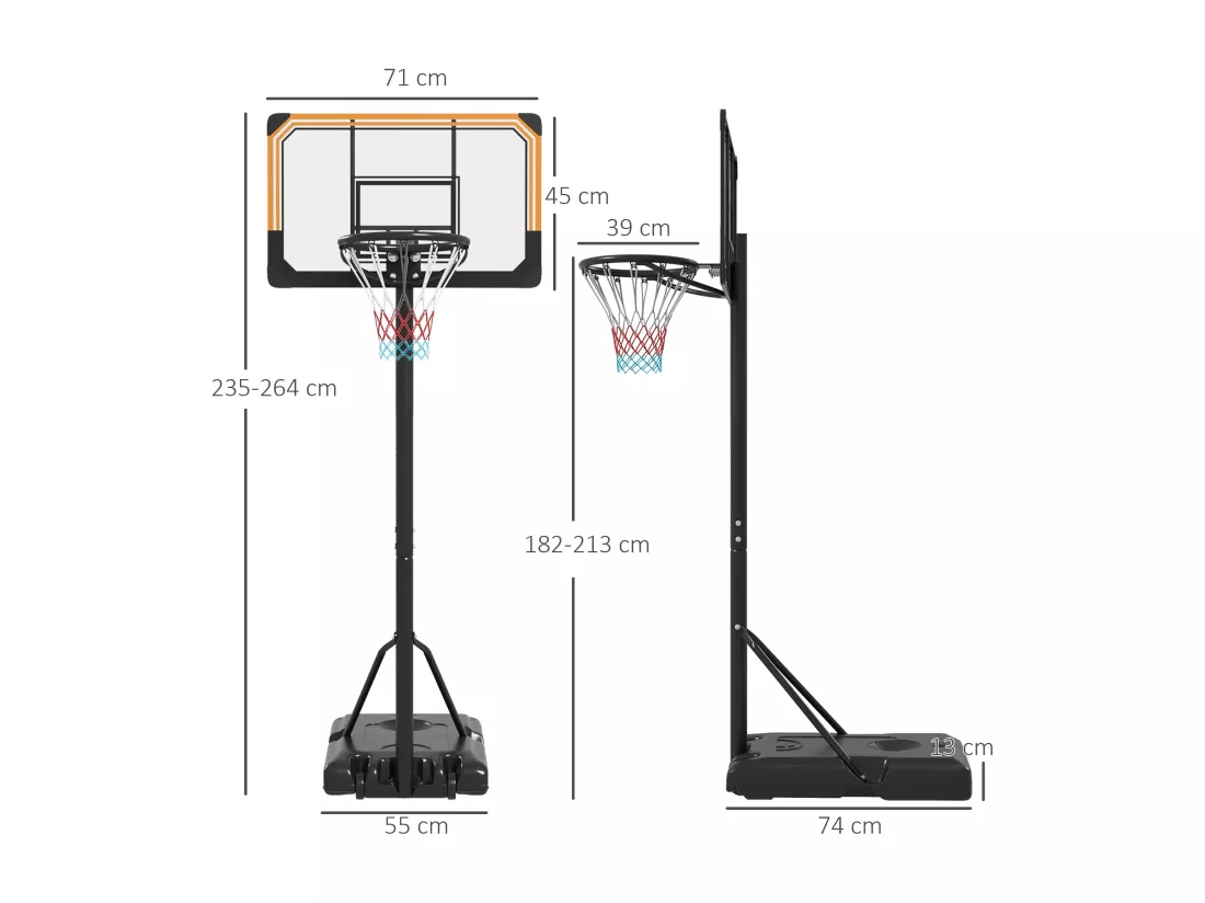 Panier de basketball sur pied roulettes - hauteur réglable arceau 182-213cm - acier polycarbonate orange noir