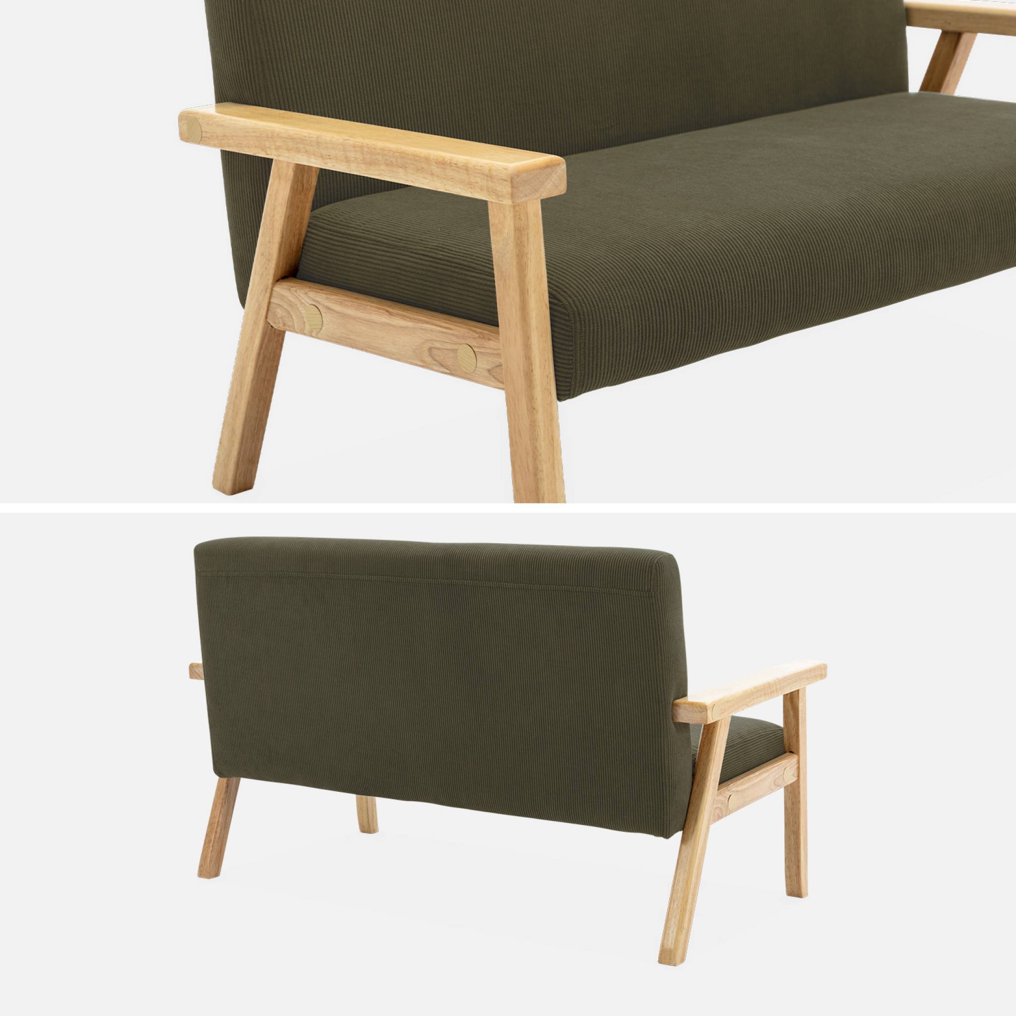 Banquette canapé enfant en bois et velours côtelé kaki. Isak. L 84 x p 43.5 x h 50cm