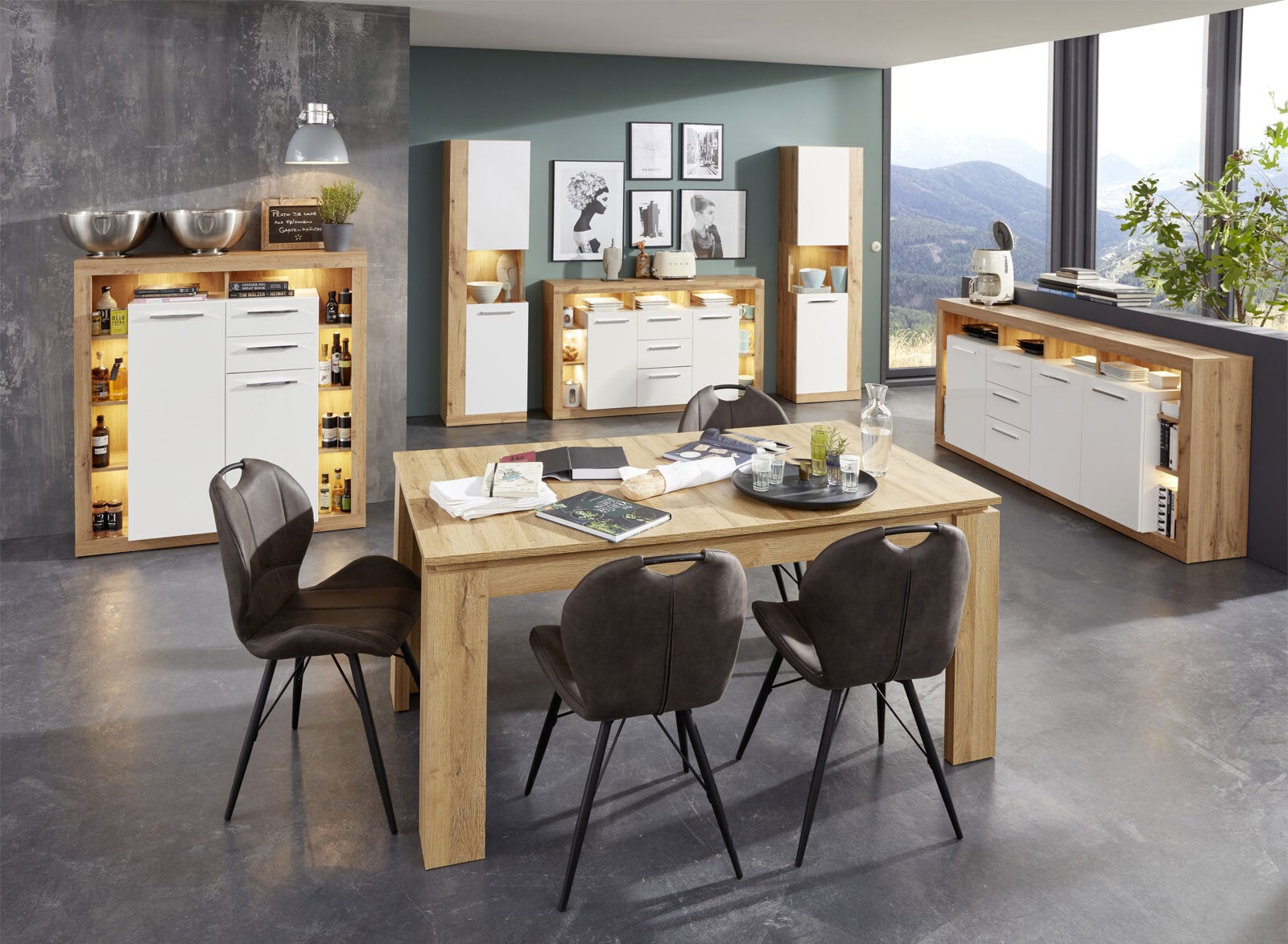 Sideboard Rock Weiß Hochglanz/Wotan Eiche Nachbildung 150 x 90 x 40 cm