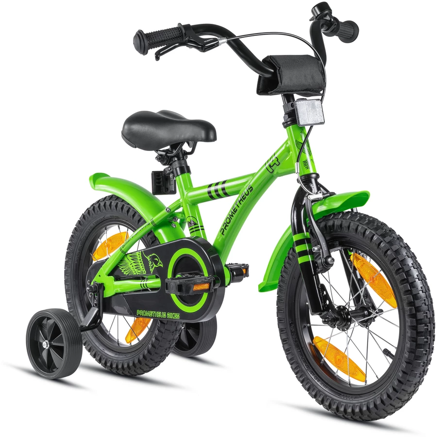 PROMETHEUS BICYCLES® HAWK Kinderfahrrad 14 , Grün-Schwarz mit Stützrädern