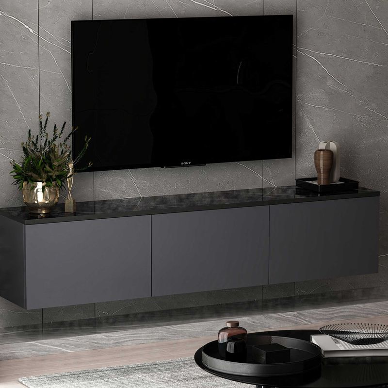 TV Meubel - Zwart - Hout - 160 cm Breed - 2 Opbergvakken