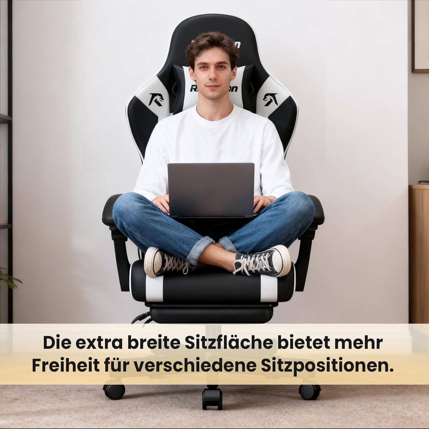 Gaming Stuhl Chair Gamer Sessel - Ergonomischer Gamer Stuhl Höhenverstellbar Gepolstert Gamingstuhl mit Fußstütze Kopfstütze und Lordosenstütz PC Sessel Drehsessel Tragkraft 150 Kg Schwarz