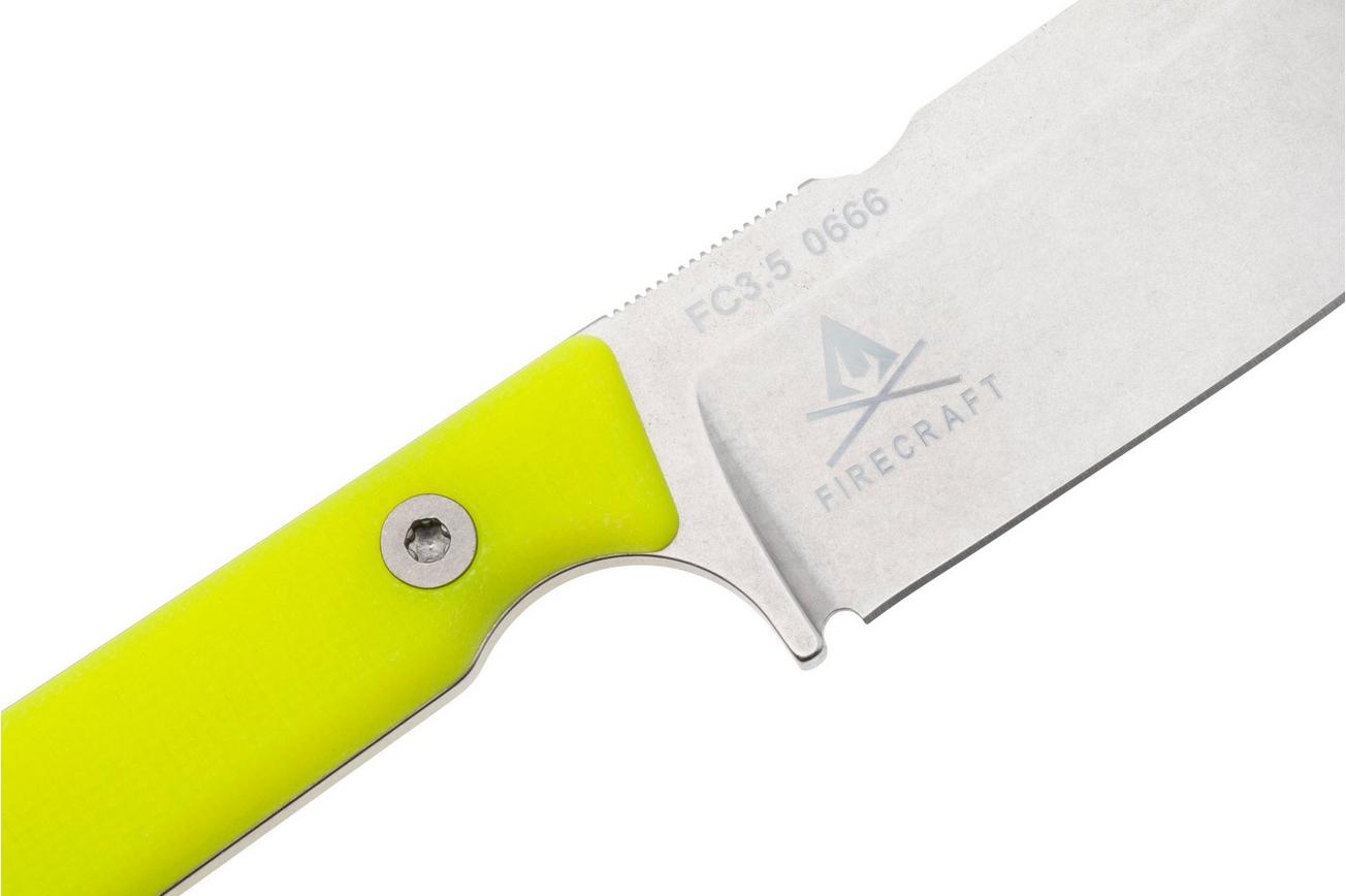 White River Firecraft 3.5 Pro, Stonewashed Magnacut, Yellow G10, survivalmes, Kydex schede met firesteel