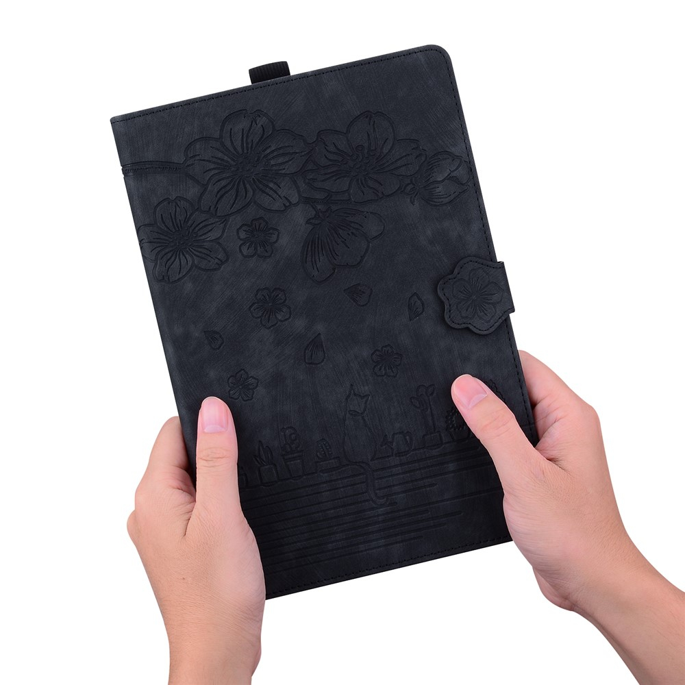 Samsung Galaxy Tab S11 Ultra Leder Tasche Flip Cover Blumen Imprint   S-Pen Halterung - Schwarz