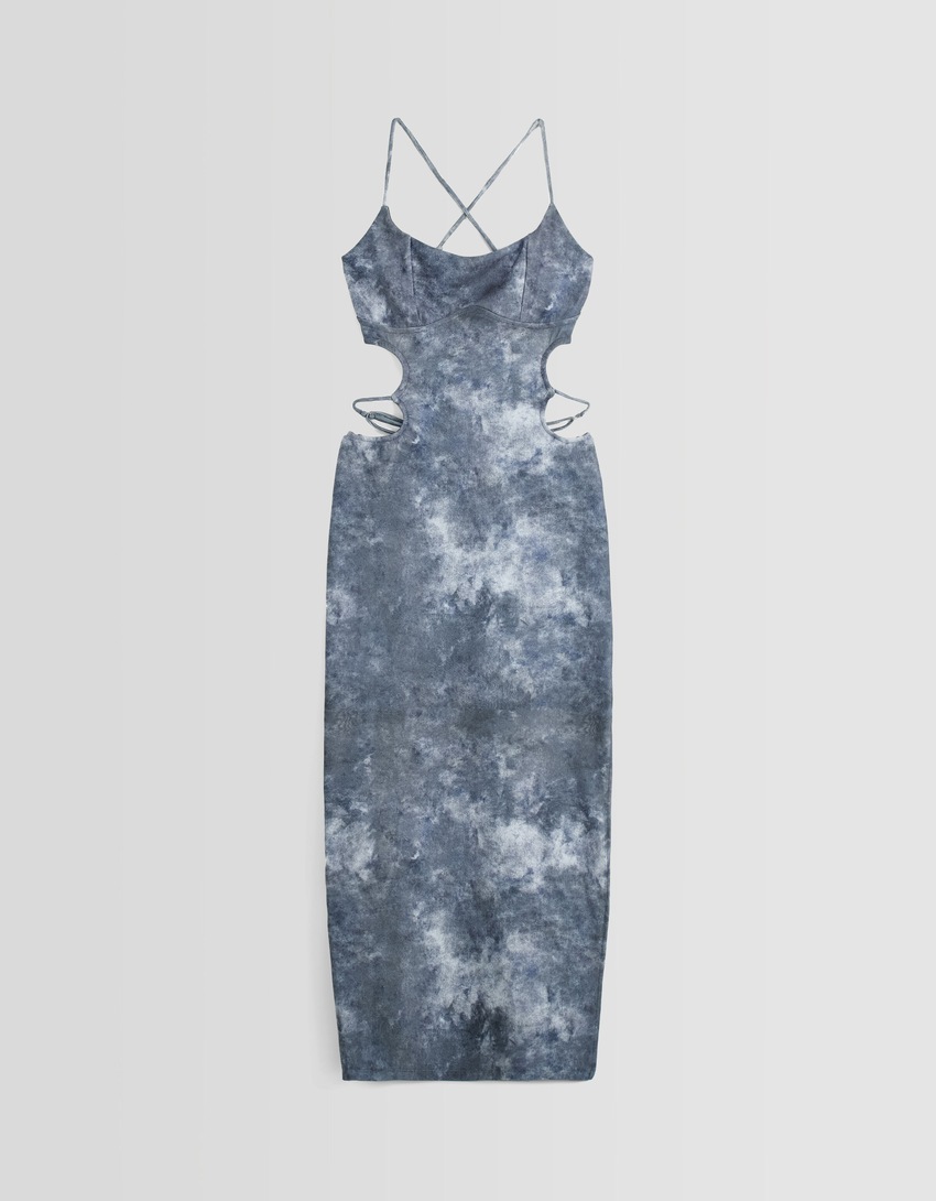 Vestido midi canelado estampado com recortes e alças finas