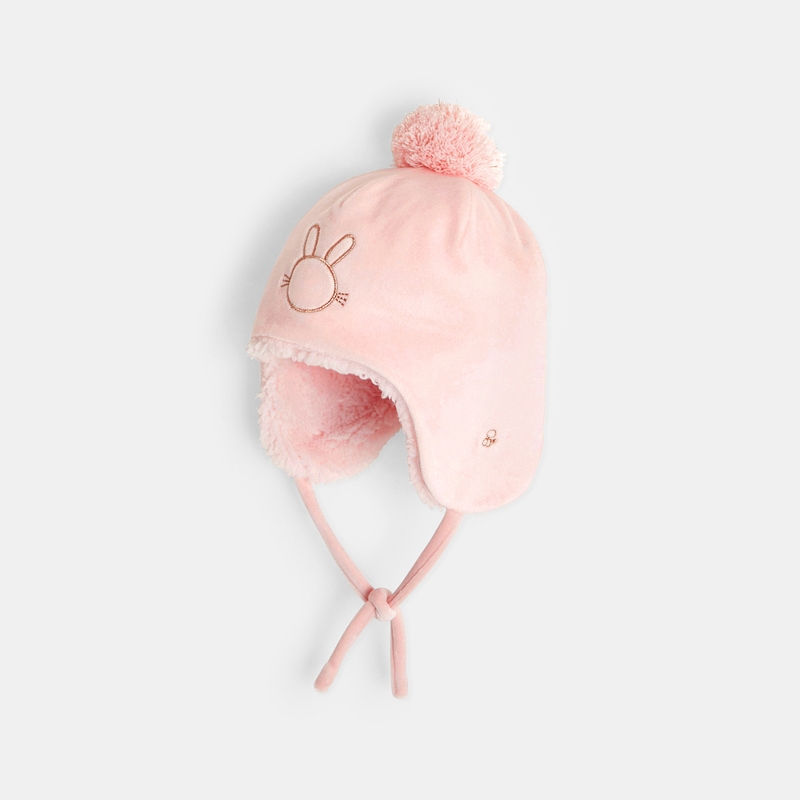 Bonnet polaire fourré brodé rose naissance