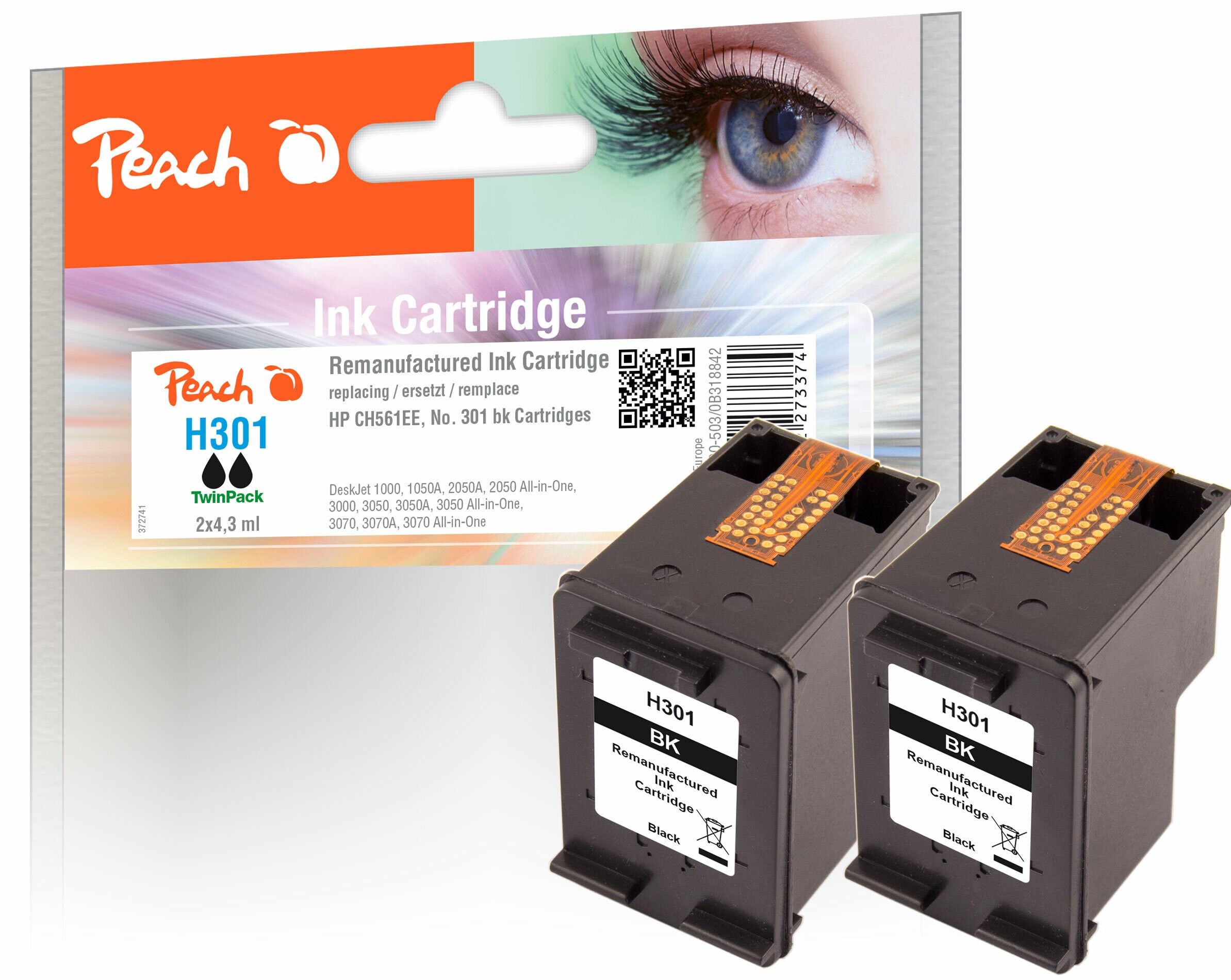 Peach HP 301 bk 2 Druckköpfe 2*bk ersetzt HP No. 301 bk*2, CH561EE*2 für z.B. HP DeskJet 1510, HP Envy 4500 e-All-in-One, HP DeskJet 1000, HP Envy 5530 (wiederaufbereitet)