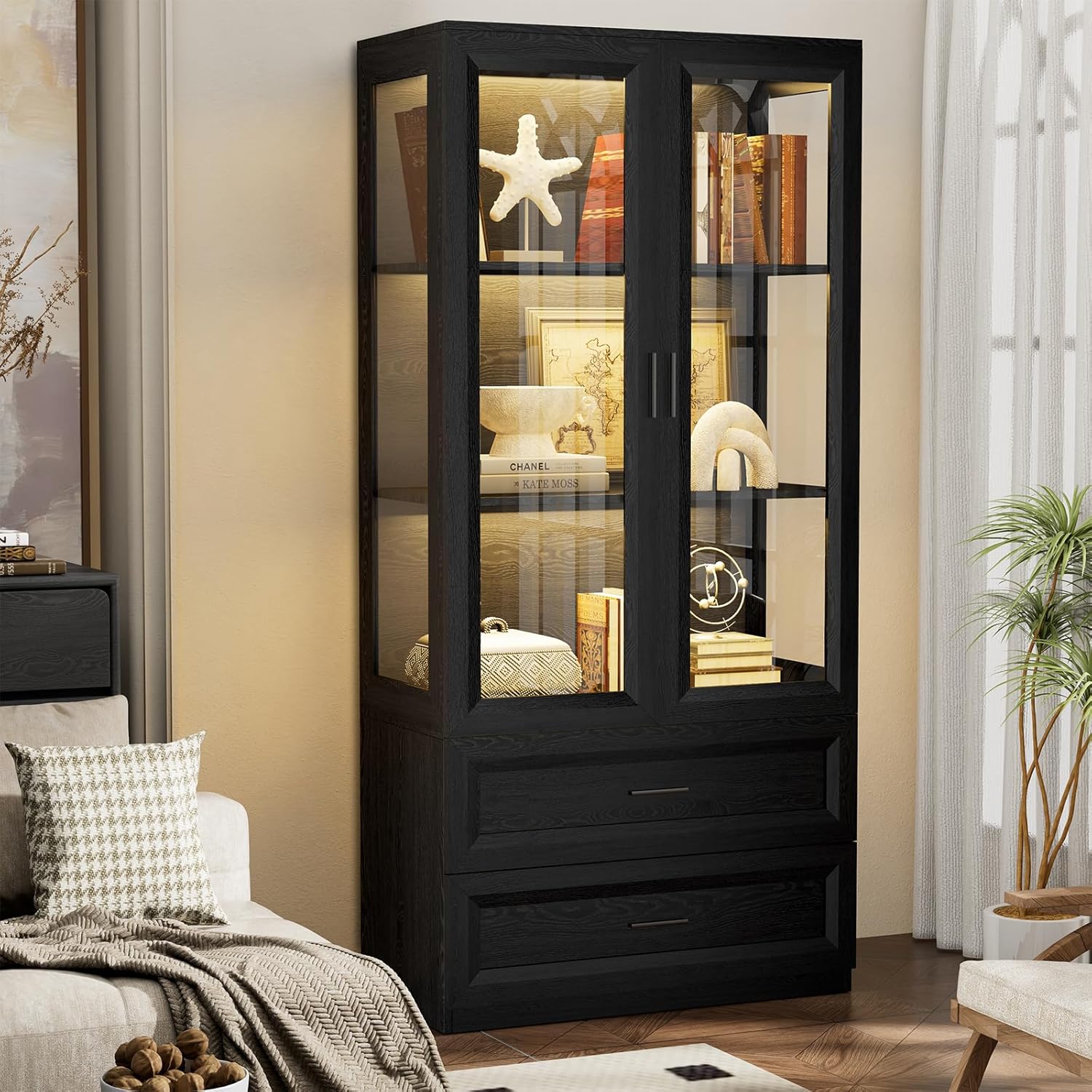 Vitrinenschrank mit LED Beleuchtung, Acryl Vitrine Schwarz mit Intelligente Bewegungssensor, Aufbewahrungsschrank, Bücherschrank, Antikenschrank für Wohnzimmer Schlafzimmer Sammlervitrine