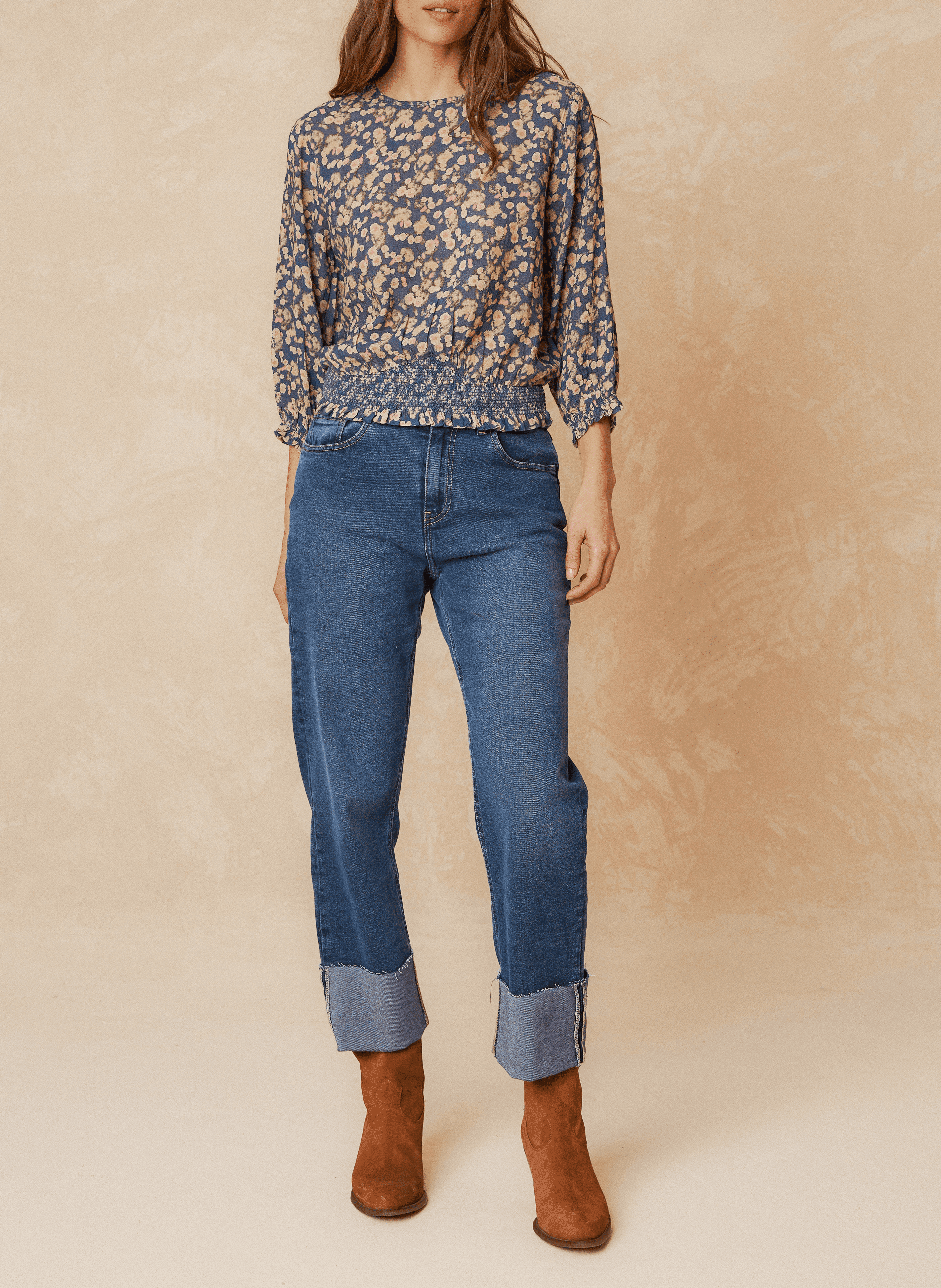 Blouse col rond droite en coton bio imprimé | Vert