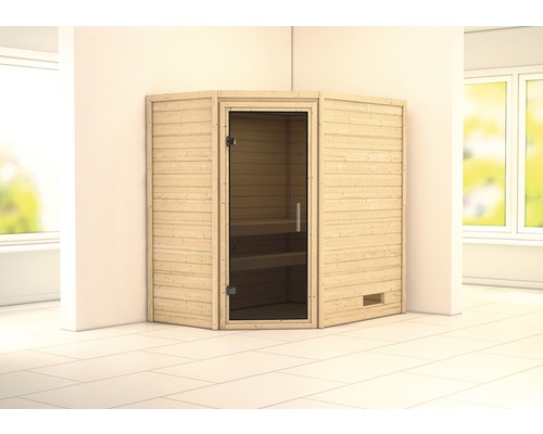 Karibu Svea blokhutsauna zonder kachel en dakrand, met grafietkleurige volledig glazen deur