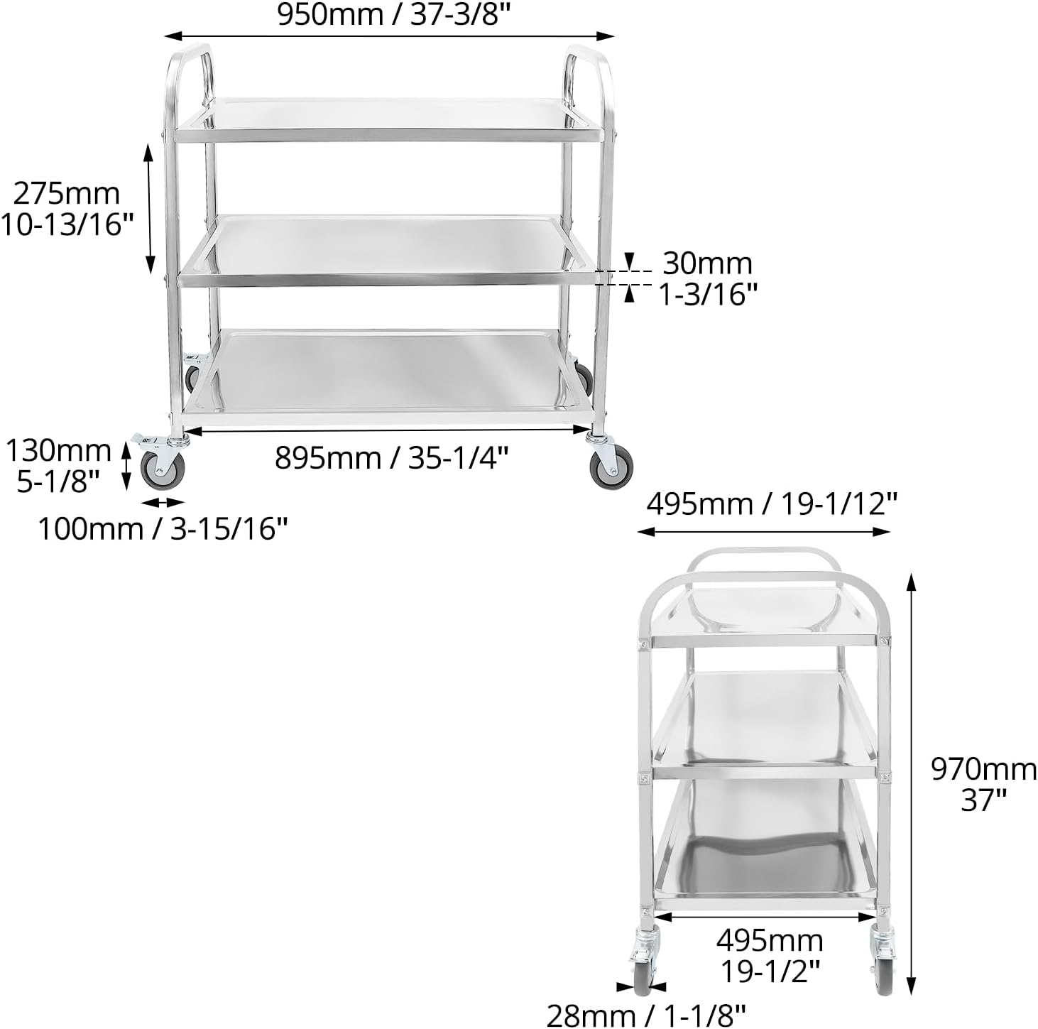 QWORK® 3-Etagen Edelstahl Servierwagen Teewagen Reinigungswagen - 95 x 50 x 95 cm - Leise Räder mit Bremsen