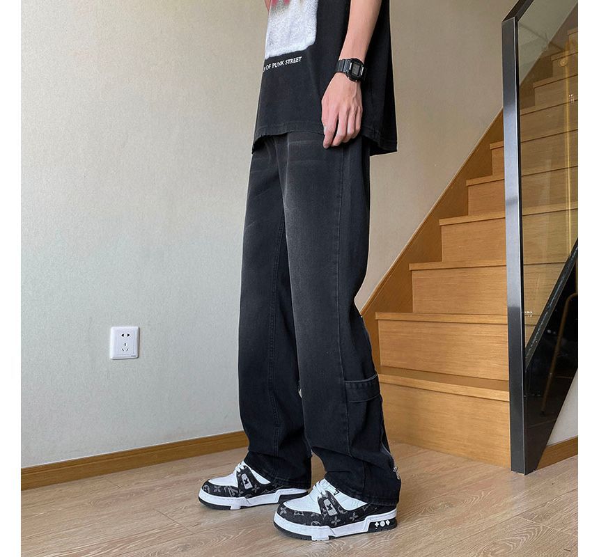Ateso - High Waist Washed Zip Detail Wide Leg Jeans