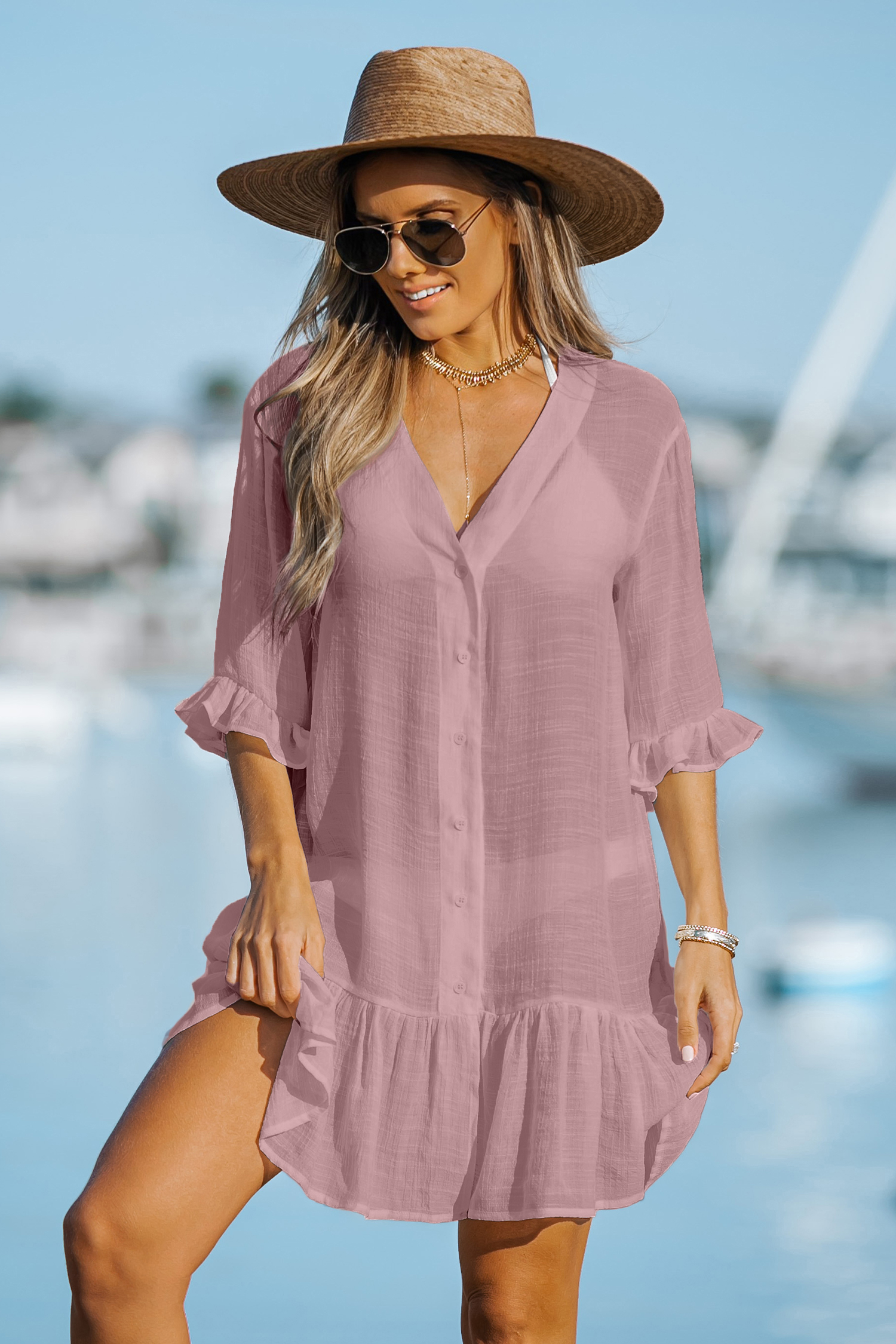 Robe cover up à volants avec boutons sur le devant