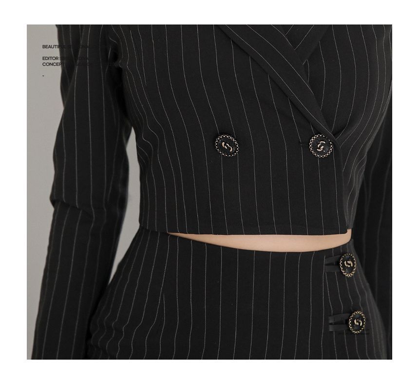 Yilda - Set: Gestreepte cropped double-breasted blazer + hoge taille split kokerrok