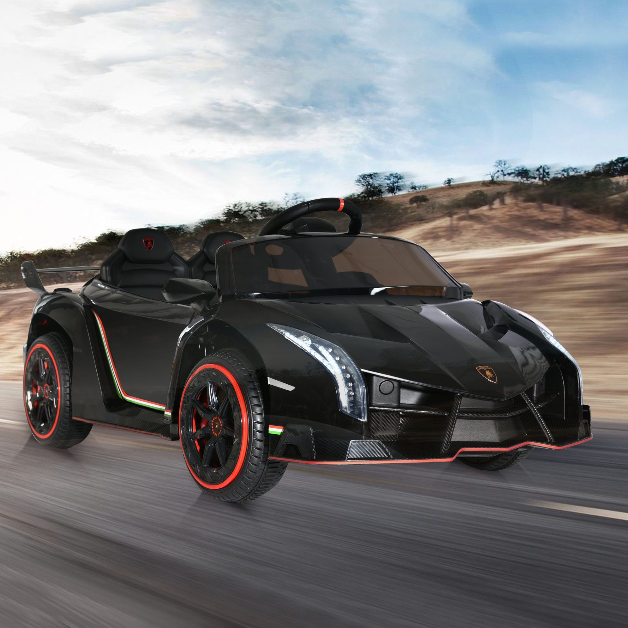 Carrinho elétrico infantil REDOM LAMBORGHINI VENENO com 2 motores, Bluetooth, portas duplas, 3 velocidades e música MP3, indicado para crianças a partir de 3 anos.