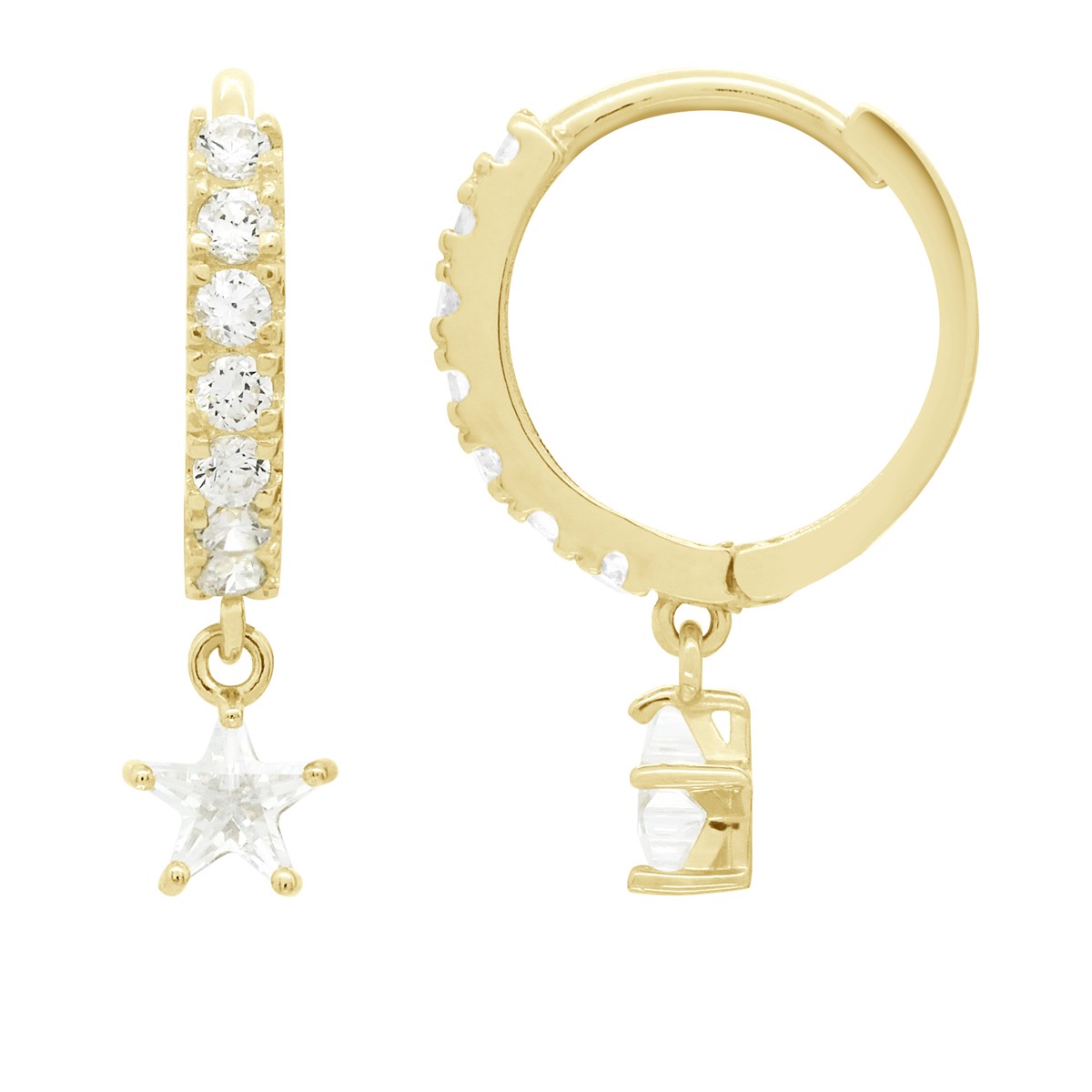 Boucles d'Oreilles ornées d'Oxydes de Zirconium - Pampilles Etoiles - Or Jaune
