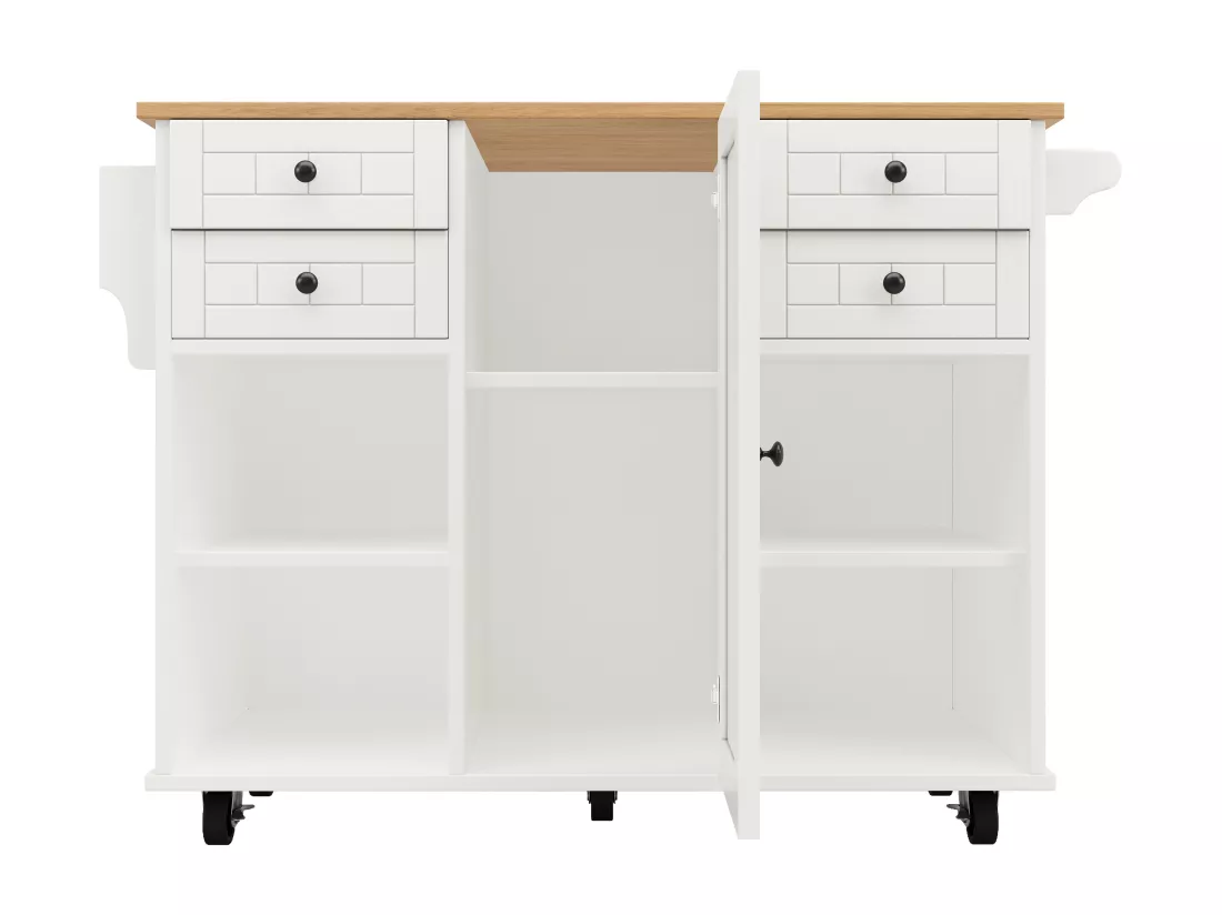 Ilot central de cuisine mobile avec 1 porte et 4 tiroirs - 111x46x91.5 cm - Bois MDF - Blanc et naturel