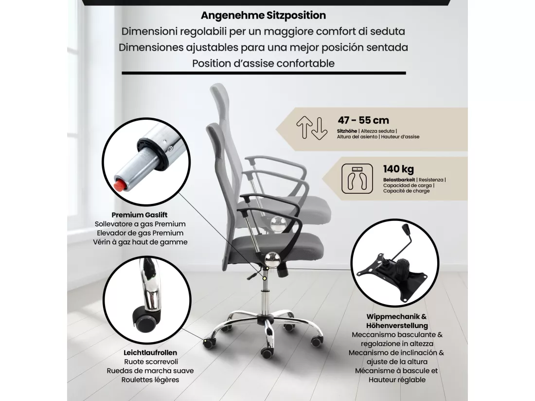 Chaise de bureau - Similicuir & Métal chromé - Gris - Washington