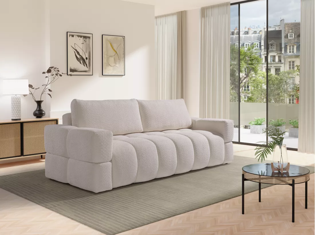 Canapé 3 places convertible en tissu bouclette beige ISSORO II