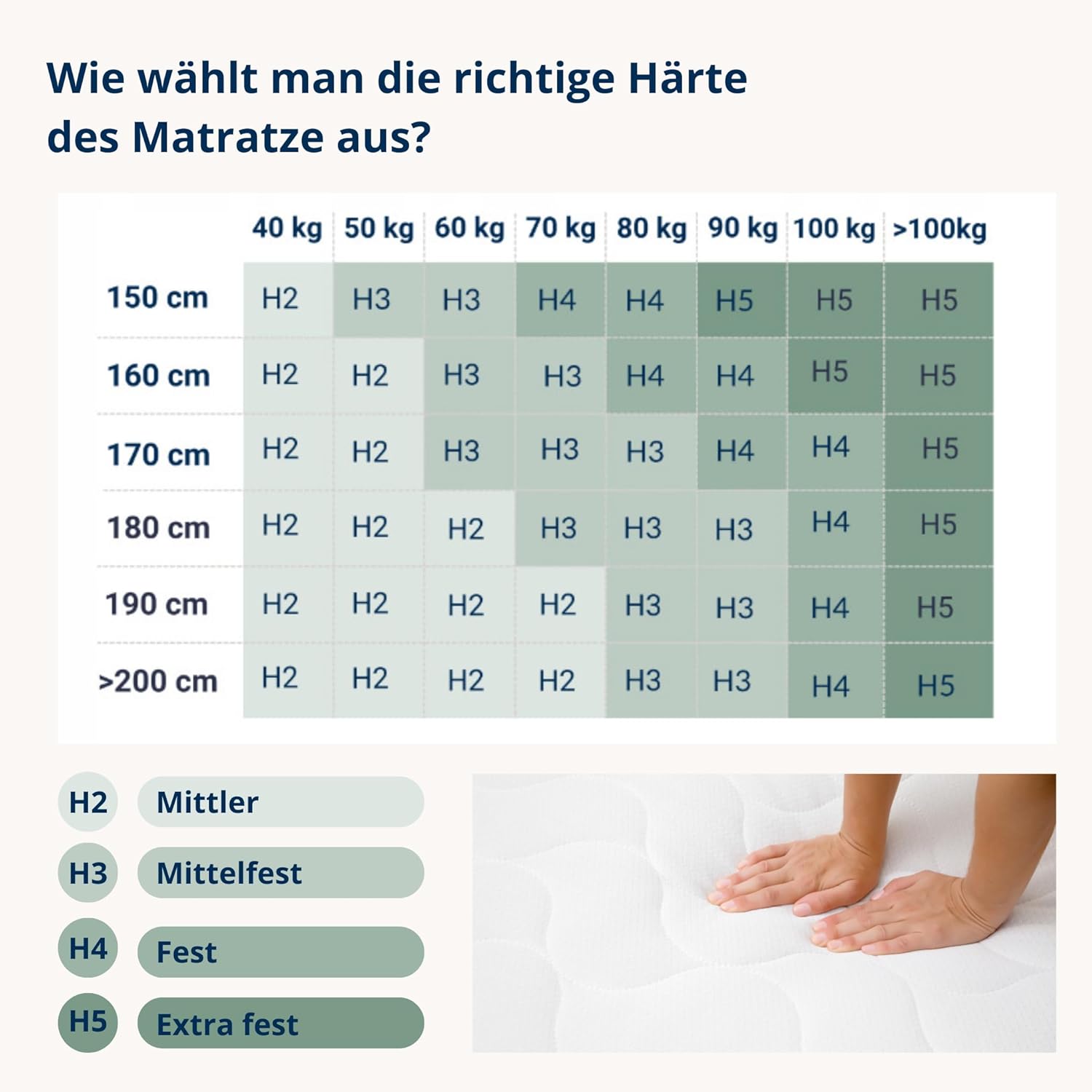 matinee - Hybrid-Matratze 140 x 200 cm - Hybrid-Taschen-Federkernmatratze Visco Schaumstoff-Matratze mit Latexschaum und Kokosmatte - Aloe Vera-Bezug - H2/H3 - Murky