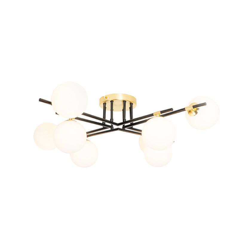 Plafondlamp zwart met goud en opaal glas 8-lichts - Lynn