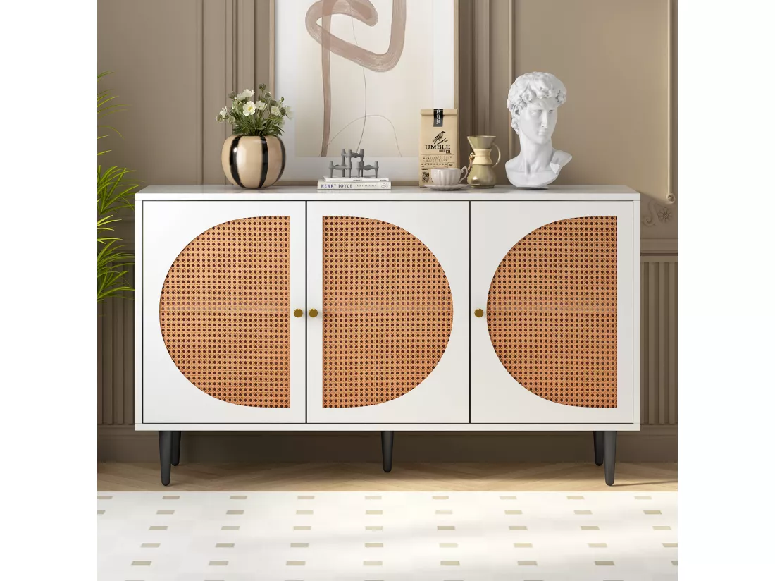 Buffet effet bois noyer avec 3 portes en rotin poignées pieds dorés 129,8x40x76cm OMOILL