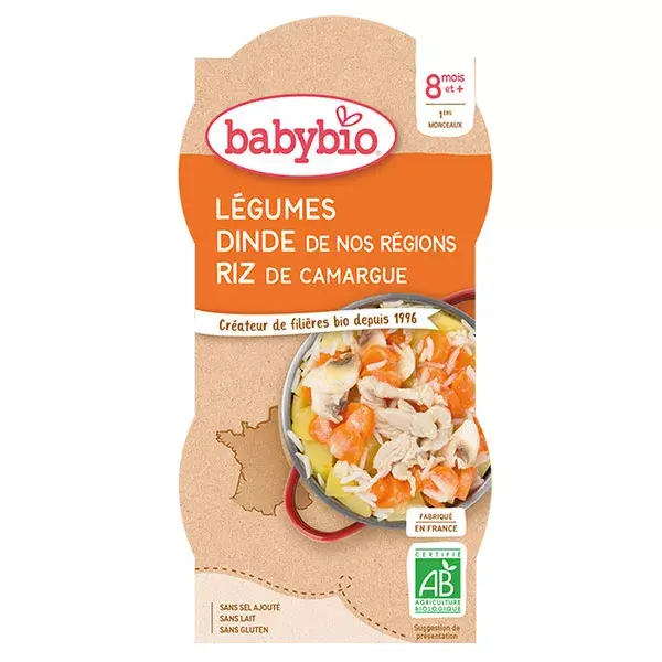 Lancheira Babybio com Legumes, Peru e Arroz +8m Orgânica 2 x 200g