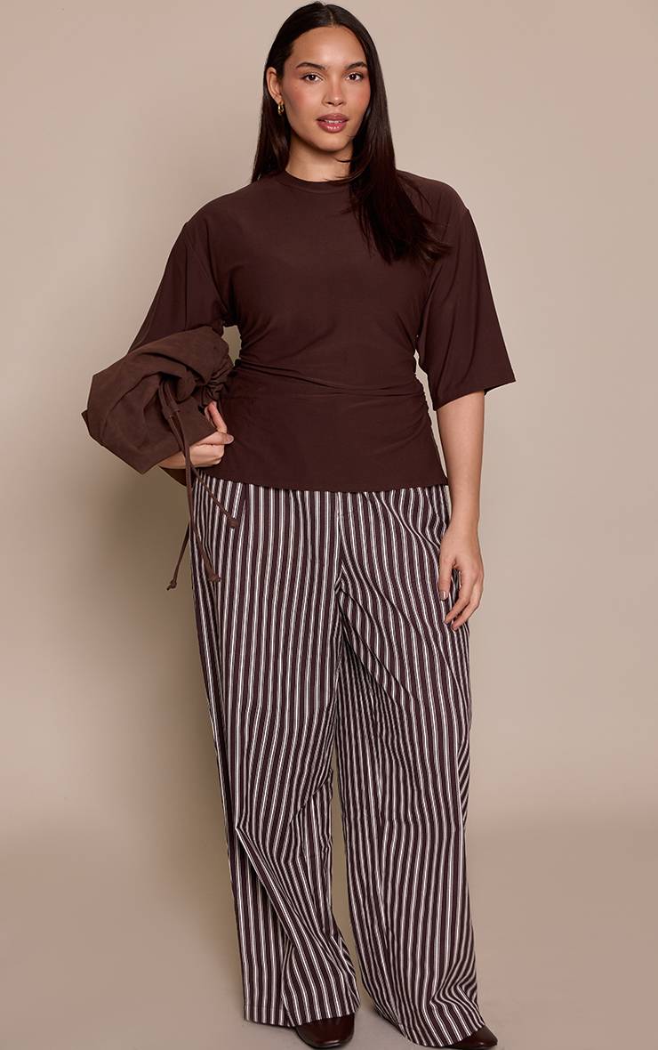 Chocolat Pantalon Grande Taille Droit Ajusté En Lin À Rayures