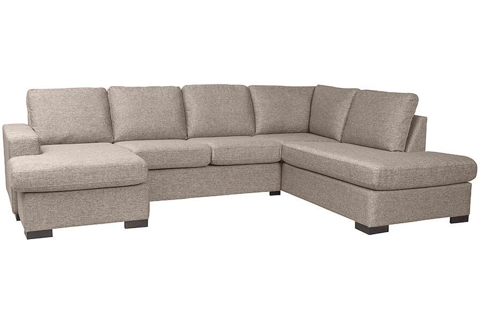 Max U-sofa Åpen ende høyre, 2-seter og sjeselong venstre. I tekstil Neve 16 beige/greige med sorte ben