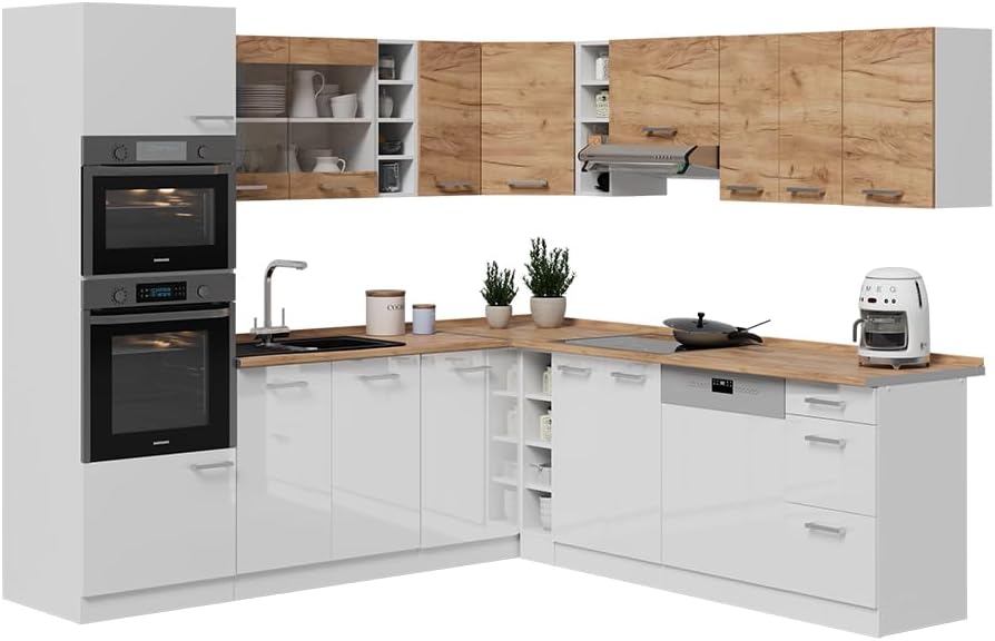 Vicco Eckküche R-Line, Goldkraft Eiche/Weiß, 247 x 60 cm zweifarbige Schränke, AP Eiche