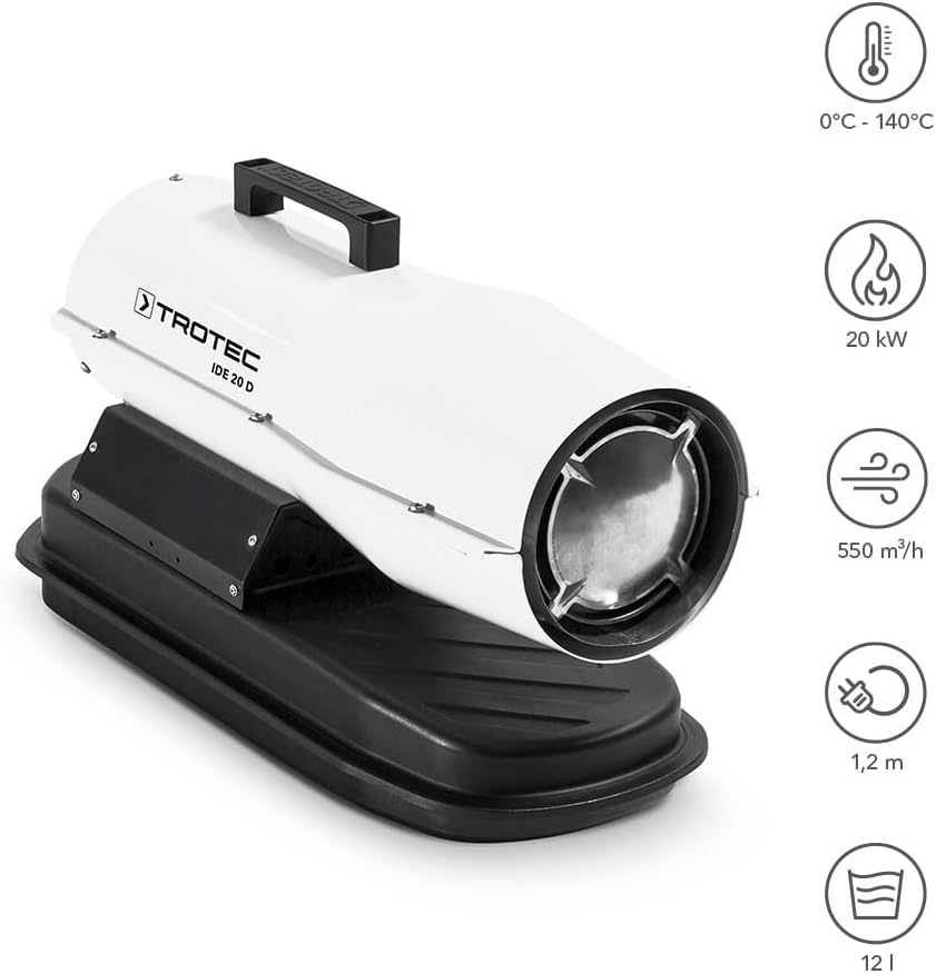 TROTEC Diesel Heizkanone IDE 20 D – 20 kW Heizkraft, 12 l Tank, integriertes Thermostat, Überhitzungsschutz, elektronische Flammensicherung, ideal für Baustellen, Werkstatt, Außenbereiche