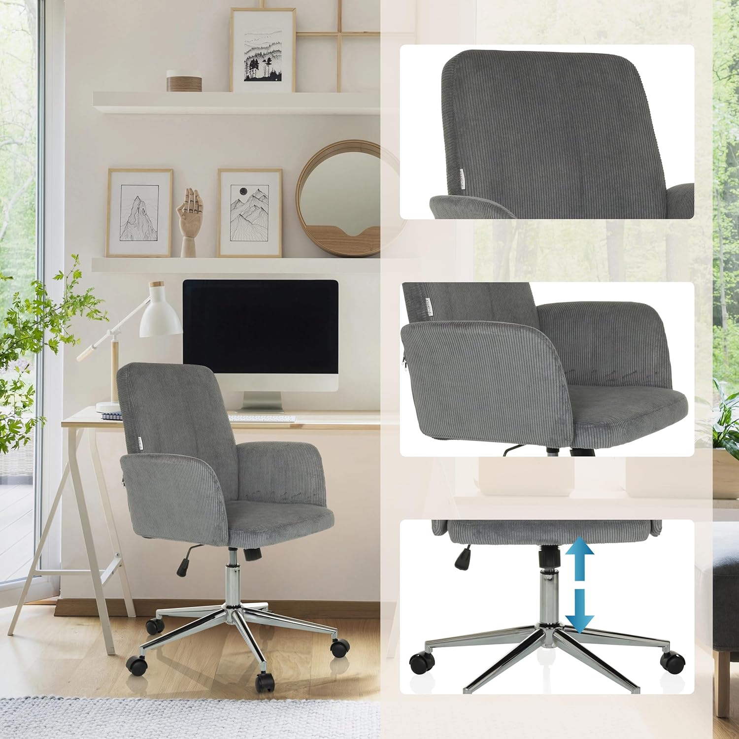 hjh OFFICE Homeoffice Stuhl gepolstert mit Cord-Optik SOLAO Cord Schreibtischstuhl Drehstuhl mit Rollen höhenverstellbar, Grau