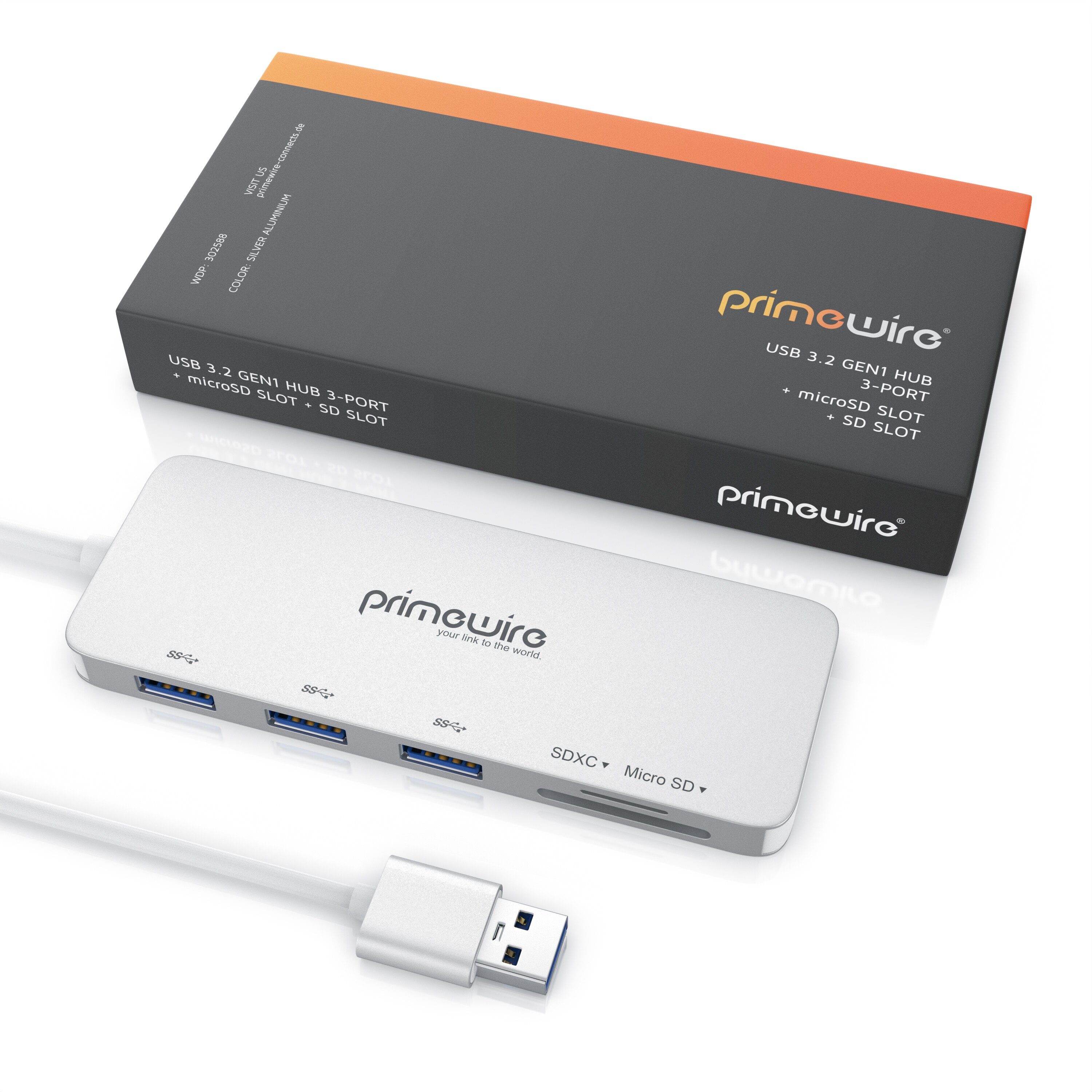 Primewire 3-Port USB 3.2 Gen1 Hub mit USB Typ C Anschluss inkl. Kartenlesegerät microSD/SD Karten Slot