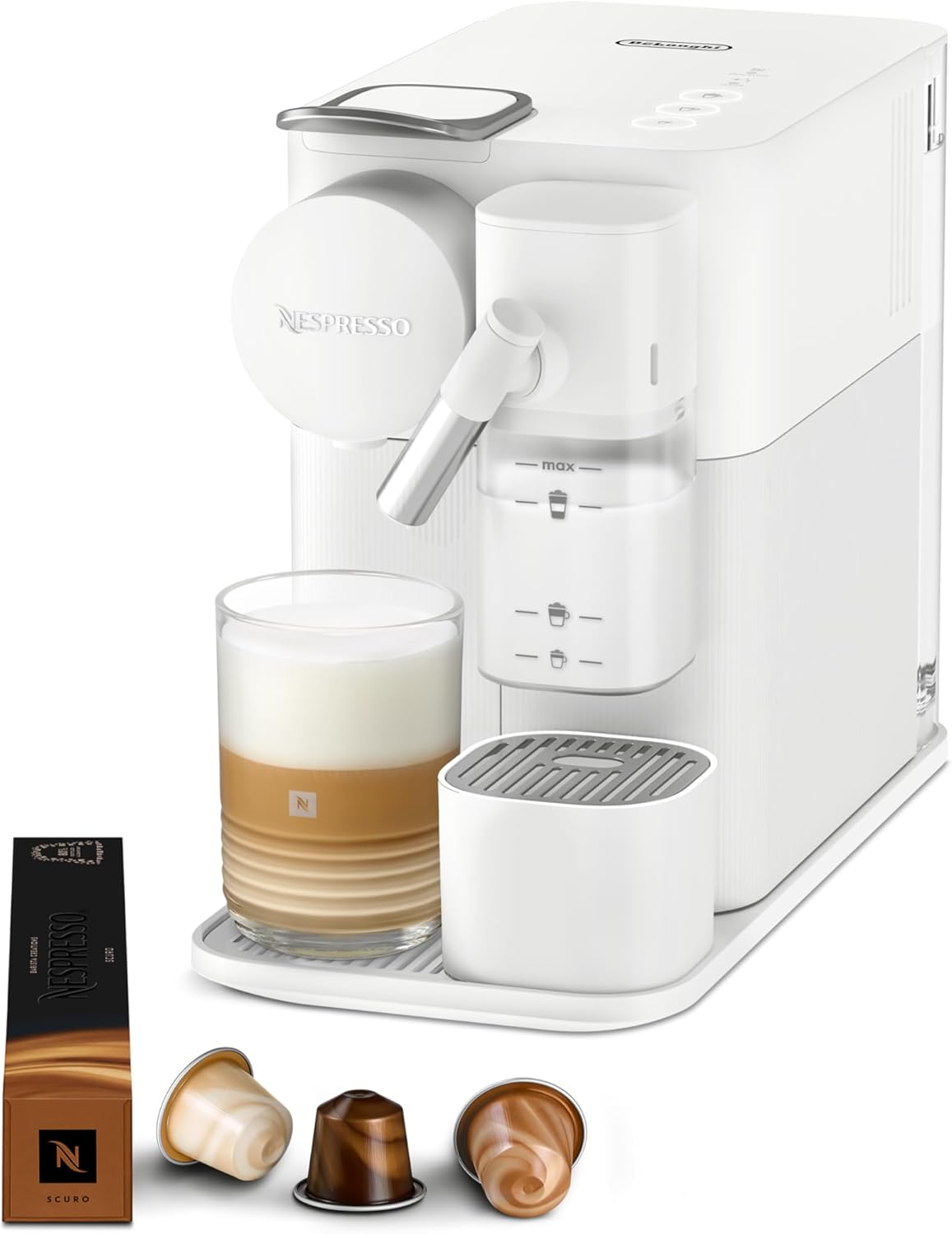 De'Longhi Nespresso Lattissima One EN510.W Kaffeekapselmaschine mit automatischem Milchsystem, 3 Direktwahltasten, 1 L Wassertank, 19 bar Pumpendruck, nur 25 Sek. Aufheizzeit, Auto-Abschaltung, weiß